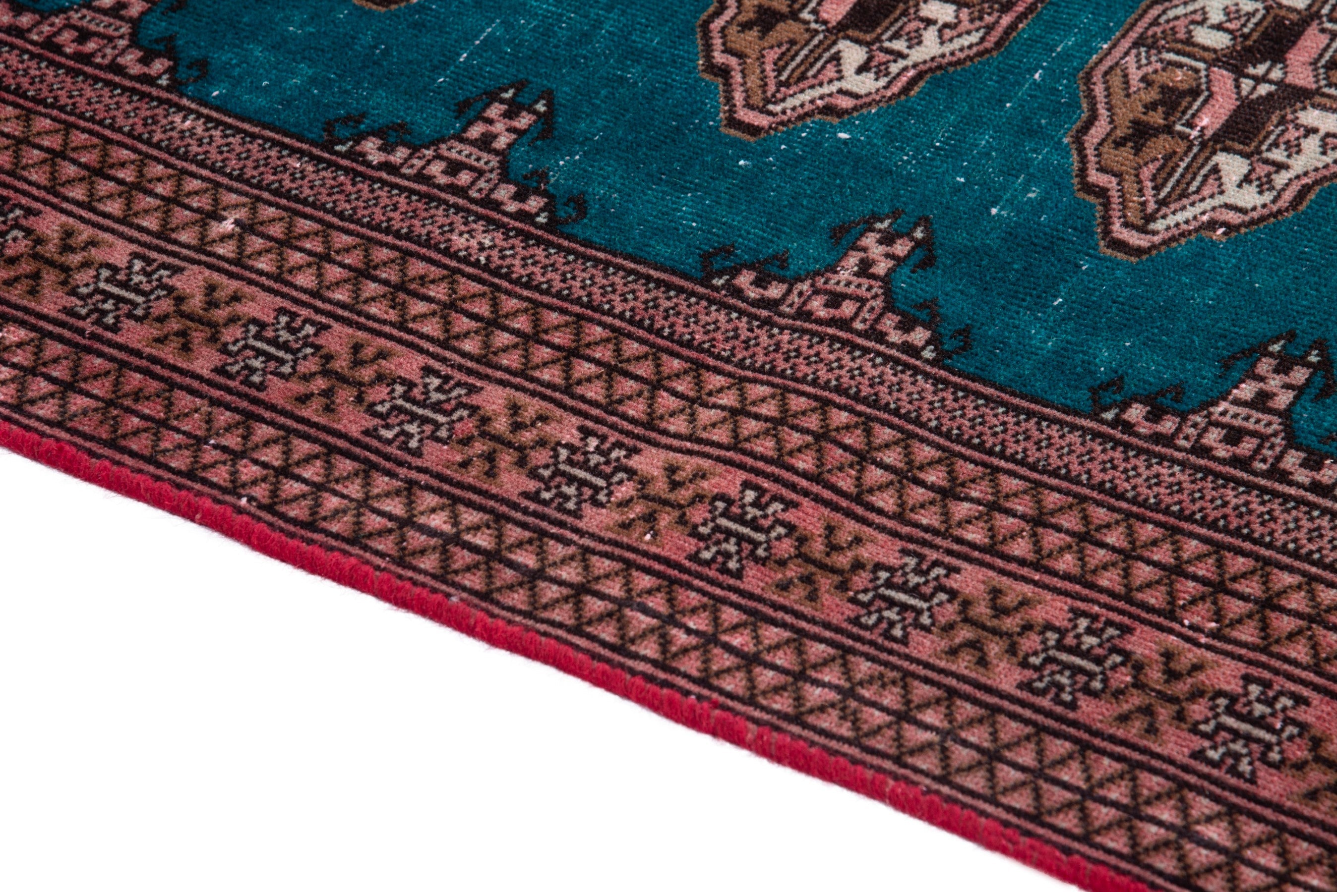 Persian Torkaman accent rug in teal and rust, view 8 of 16
