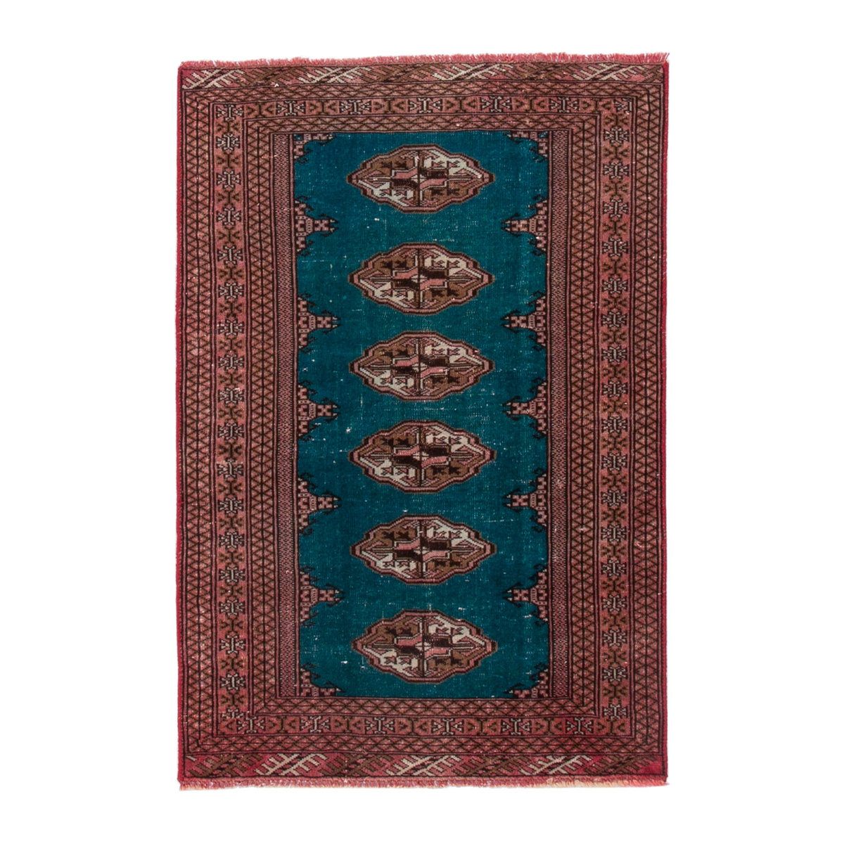 Persian Torkaman accent rug in teal and rust, 2'11" x 4'5"