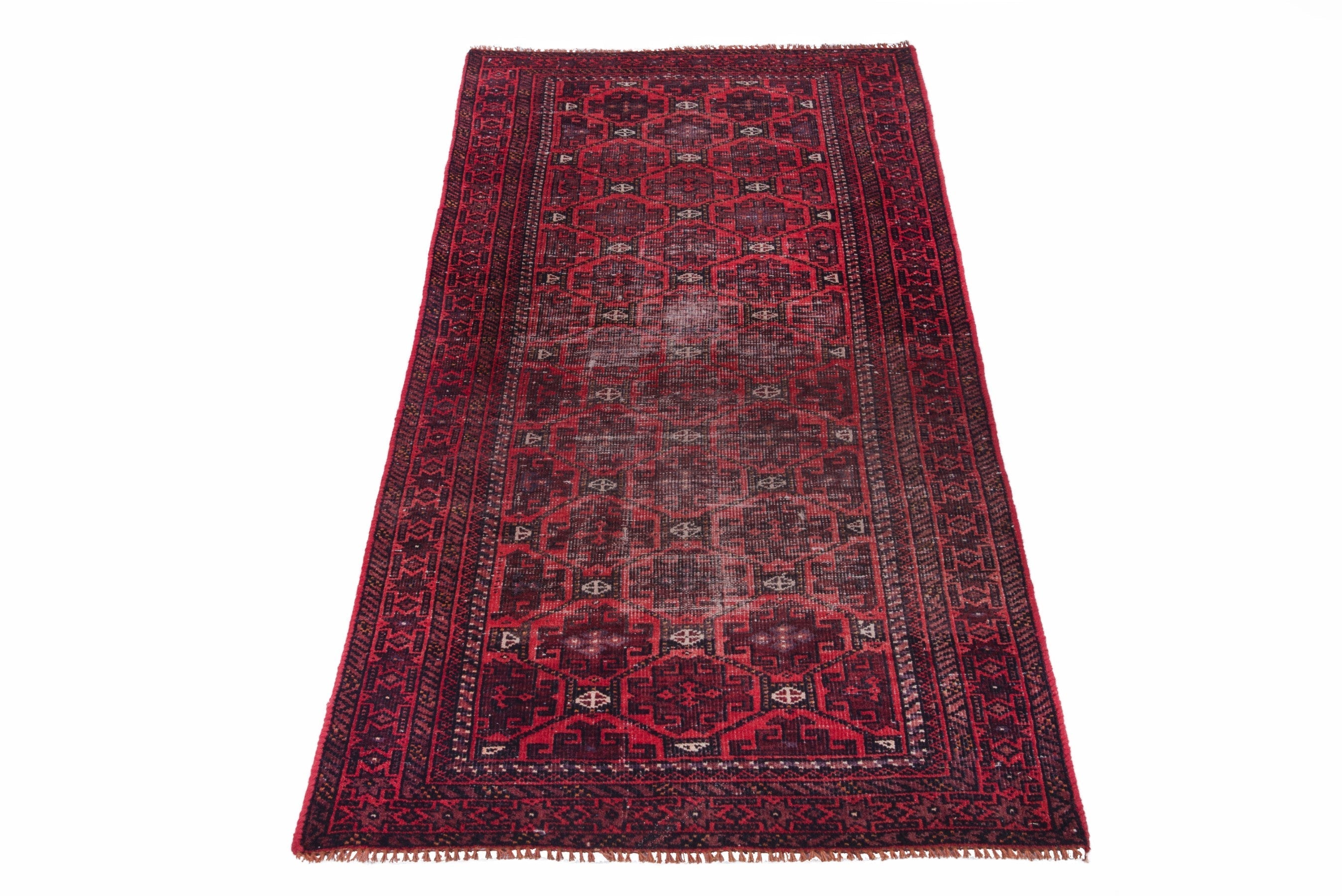 Persian Baluch runner rug in deep red and burgundy, view 2 of 18