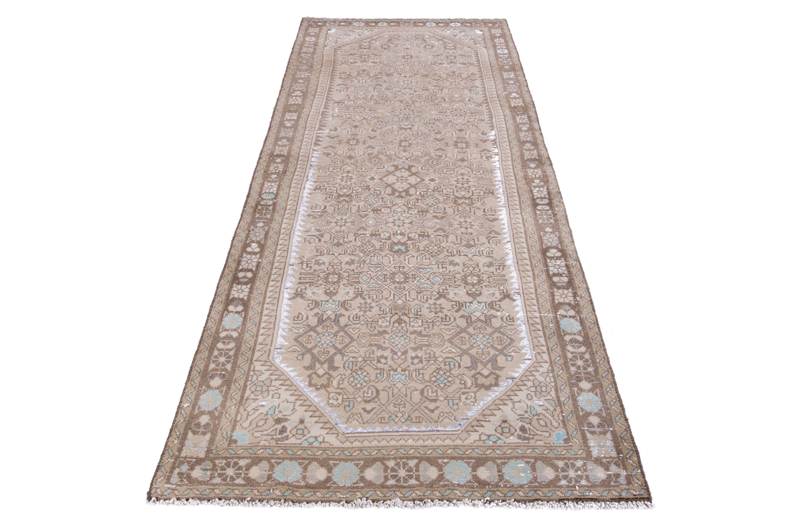 Persian Hamedan runner rug in taupe and greige, view 2 of 17