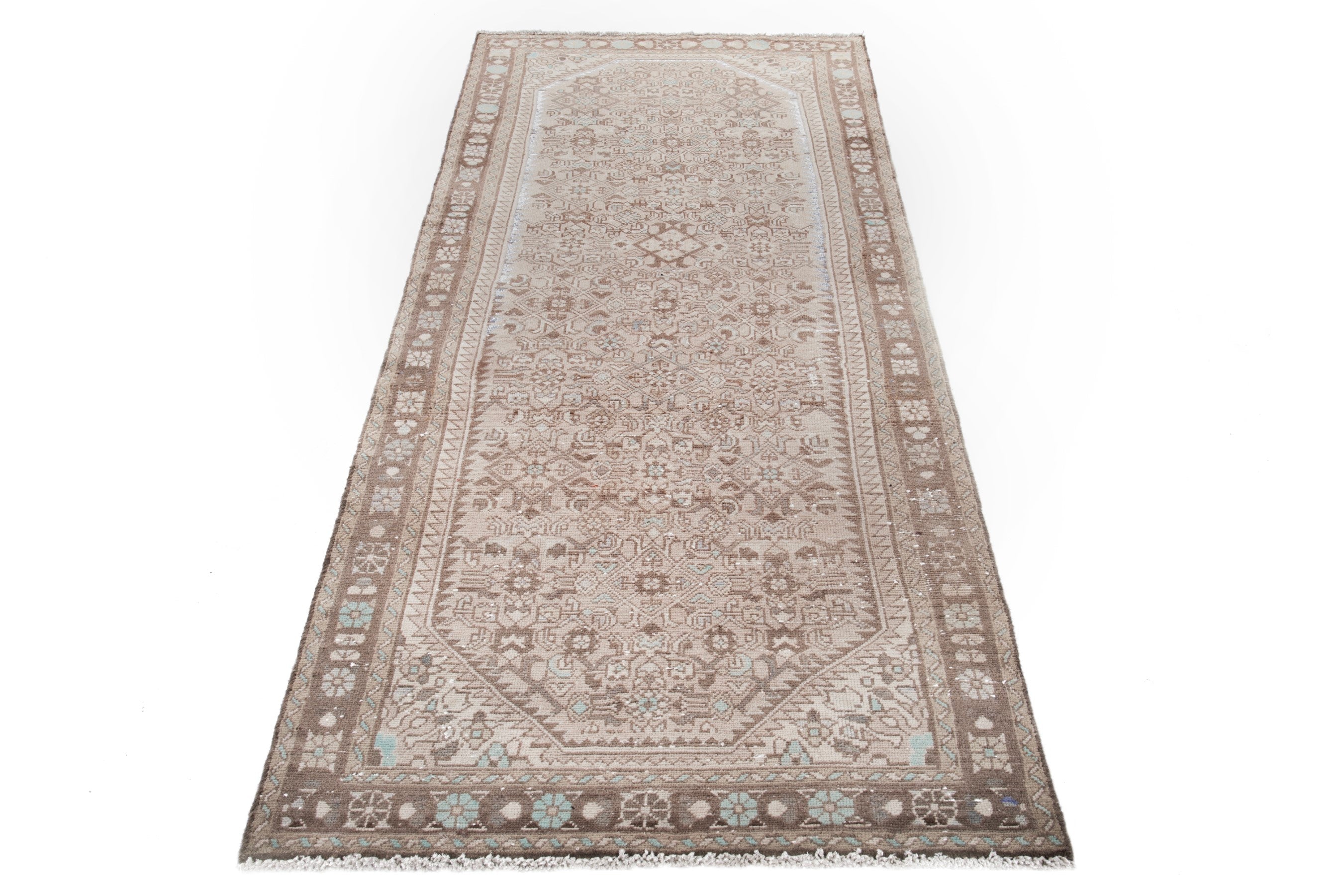 Persian Hamedan runner rug in taupe and greige, view 3 of 17