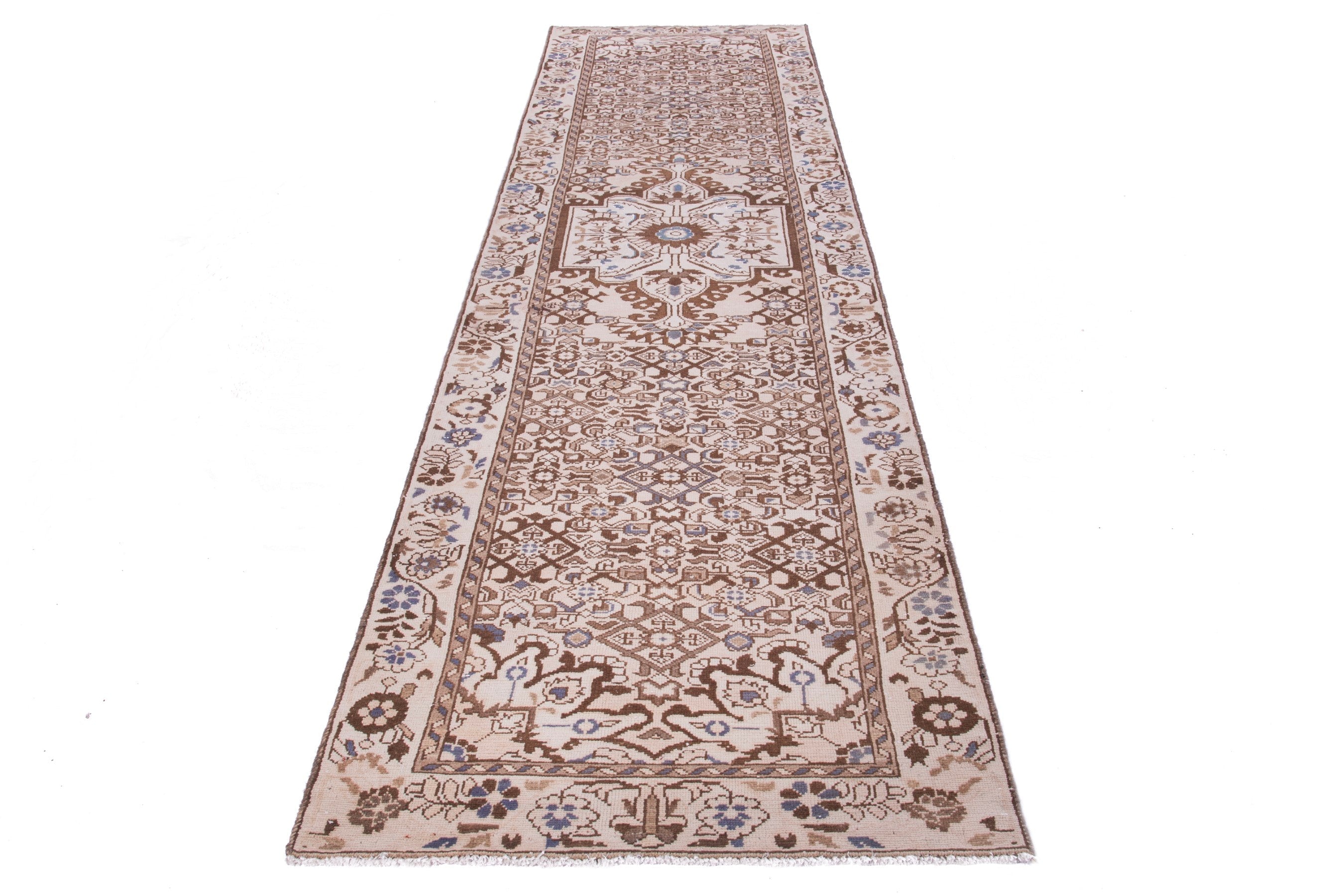 Persian Hamedan runner rug in cream and tan, view 2 of 17