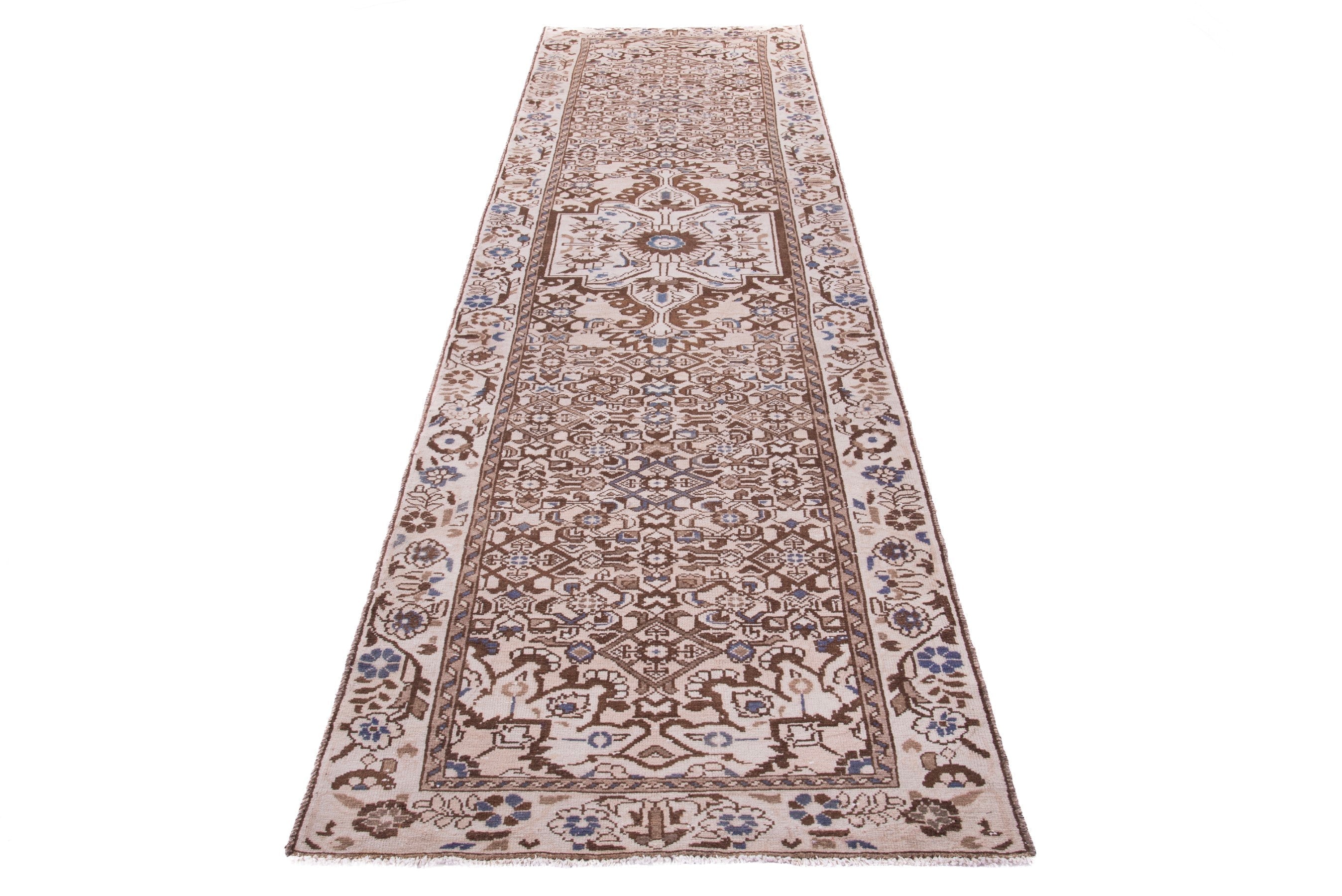 Persian Hamedan runner rug in cream and tan, view 3 of 17