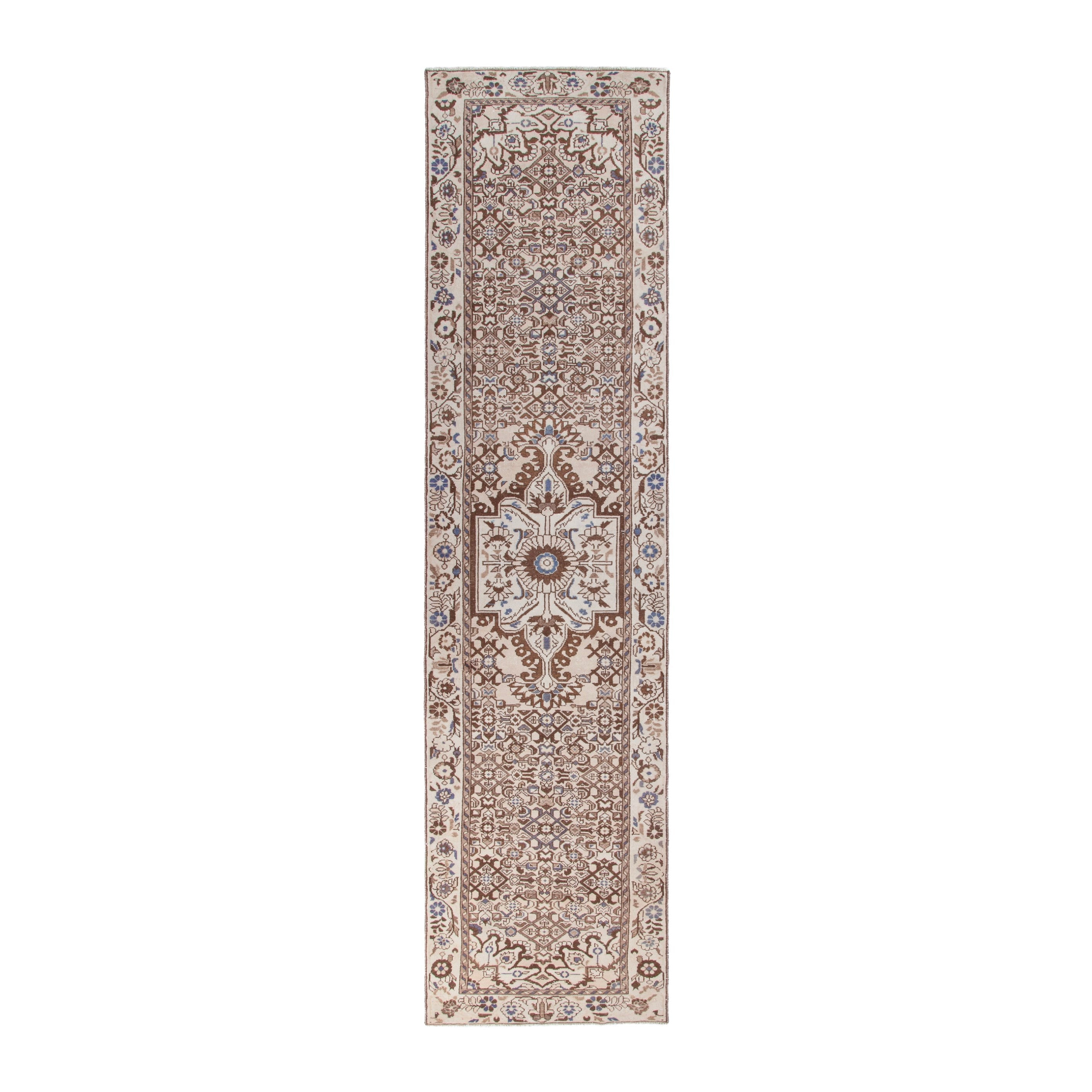 Persian Hamedan runner rug in cream and tan, 3'3" x 13'4"