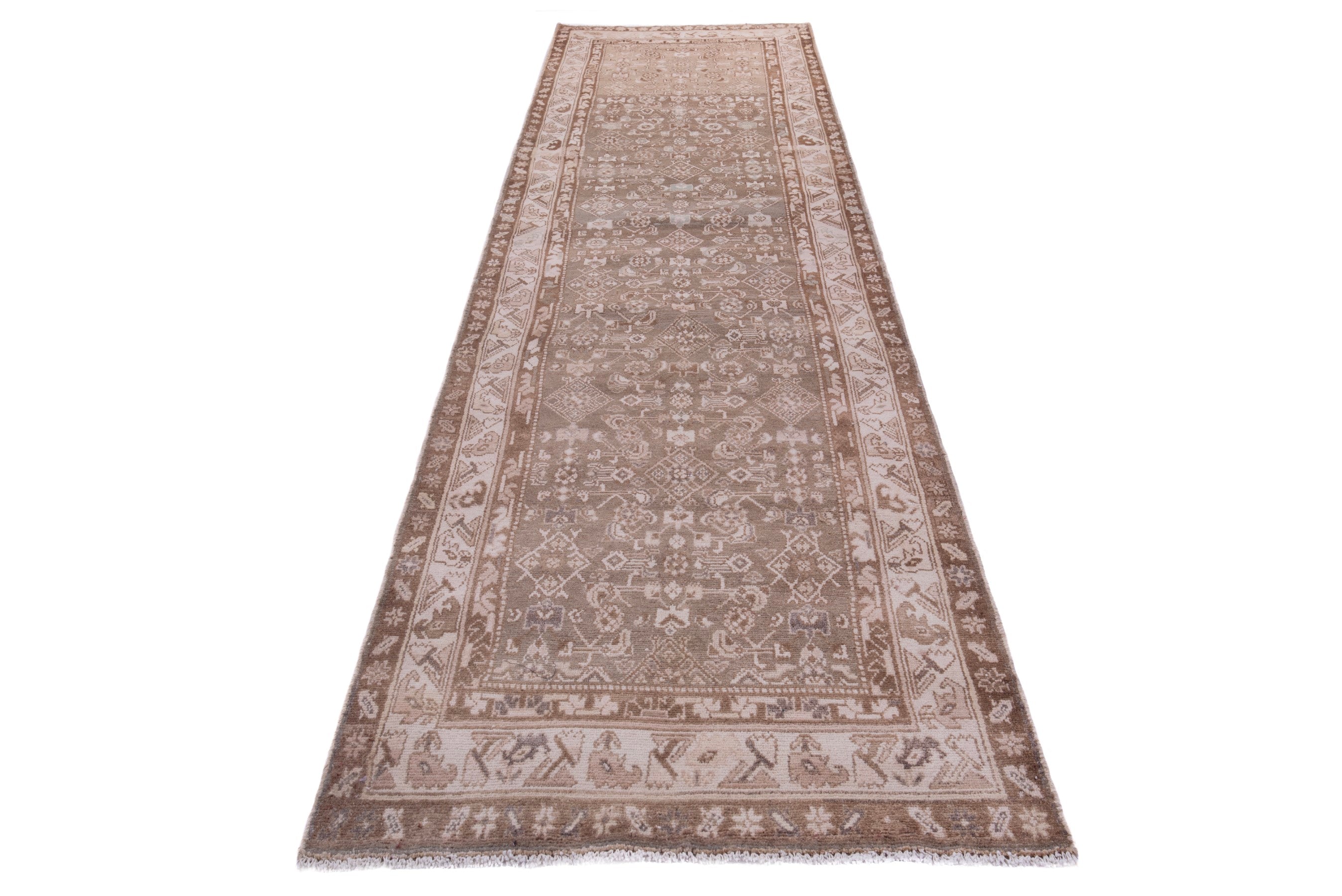 Persian Hamedan runner rug in taupe and dusty rose, view 3 of 16
