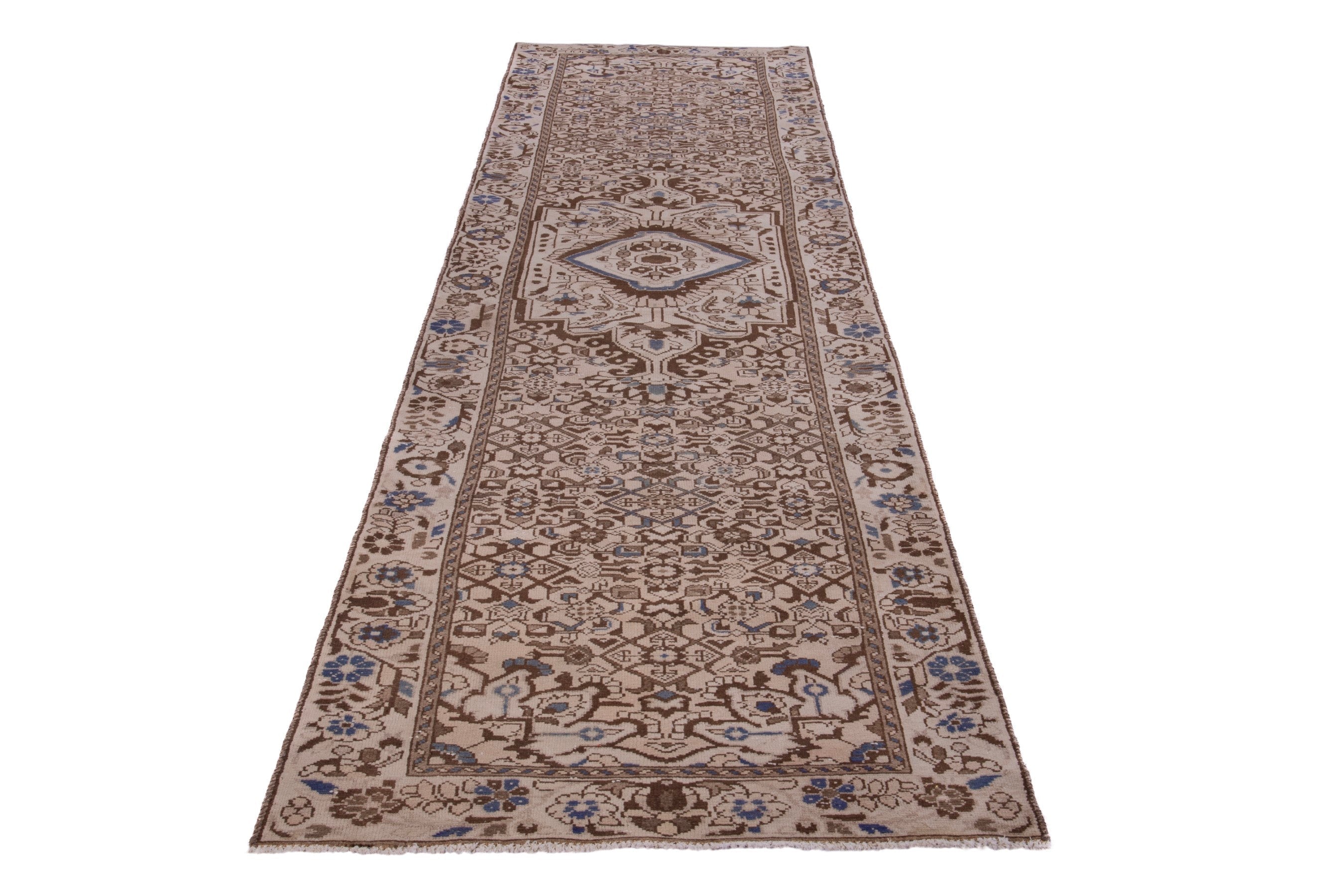 Persian Hamedan runner rug in beige and tan, view 2 of 17