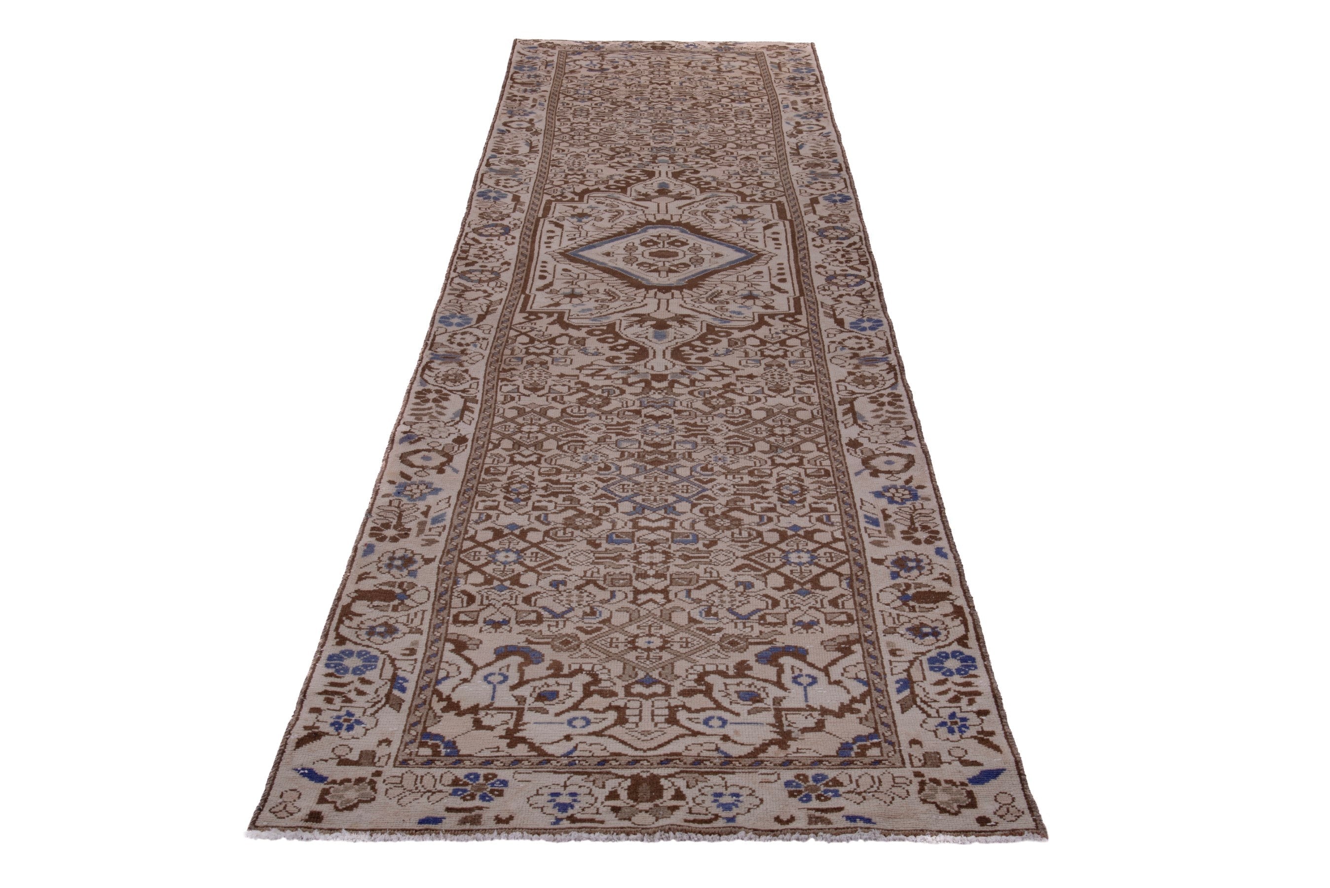 Persian Hamedan runner rug in beige and tan, view 3 of 17