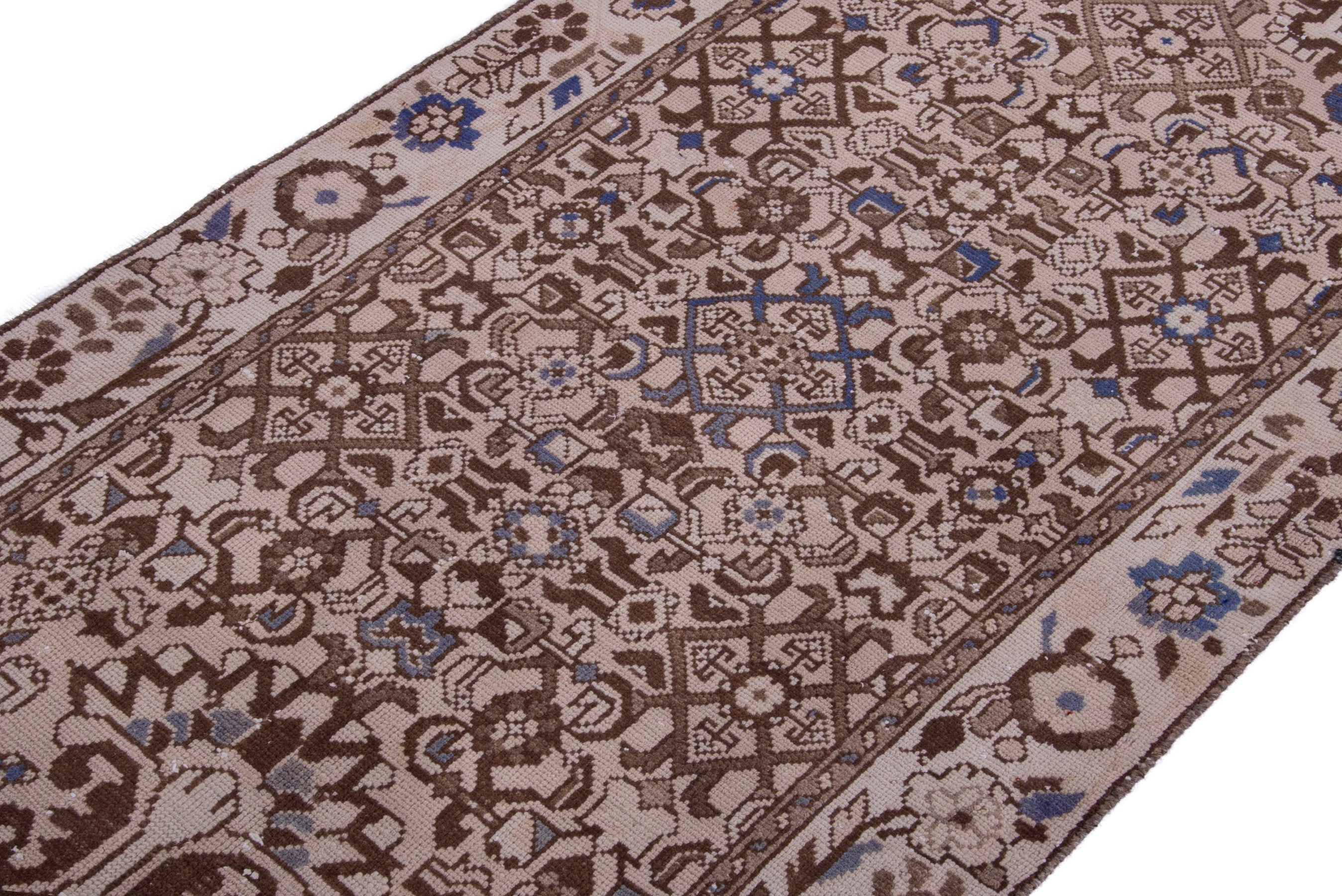 Persian Hamedan runner rug in beige and tan, view 6 of 17