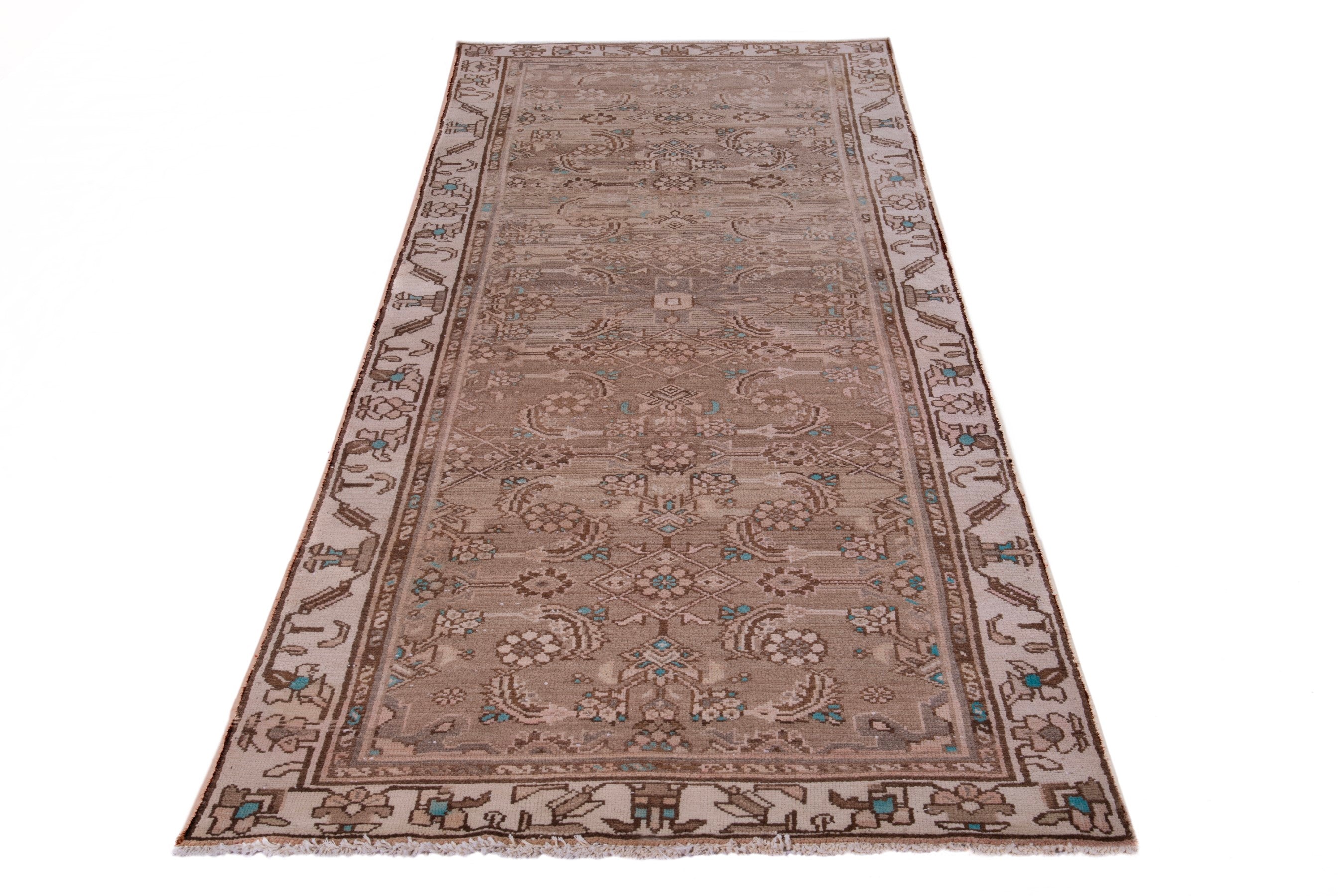 Persian Hamedan runner rug in taupe and greige, view 2 of 17