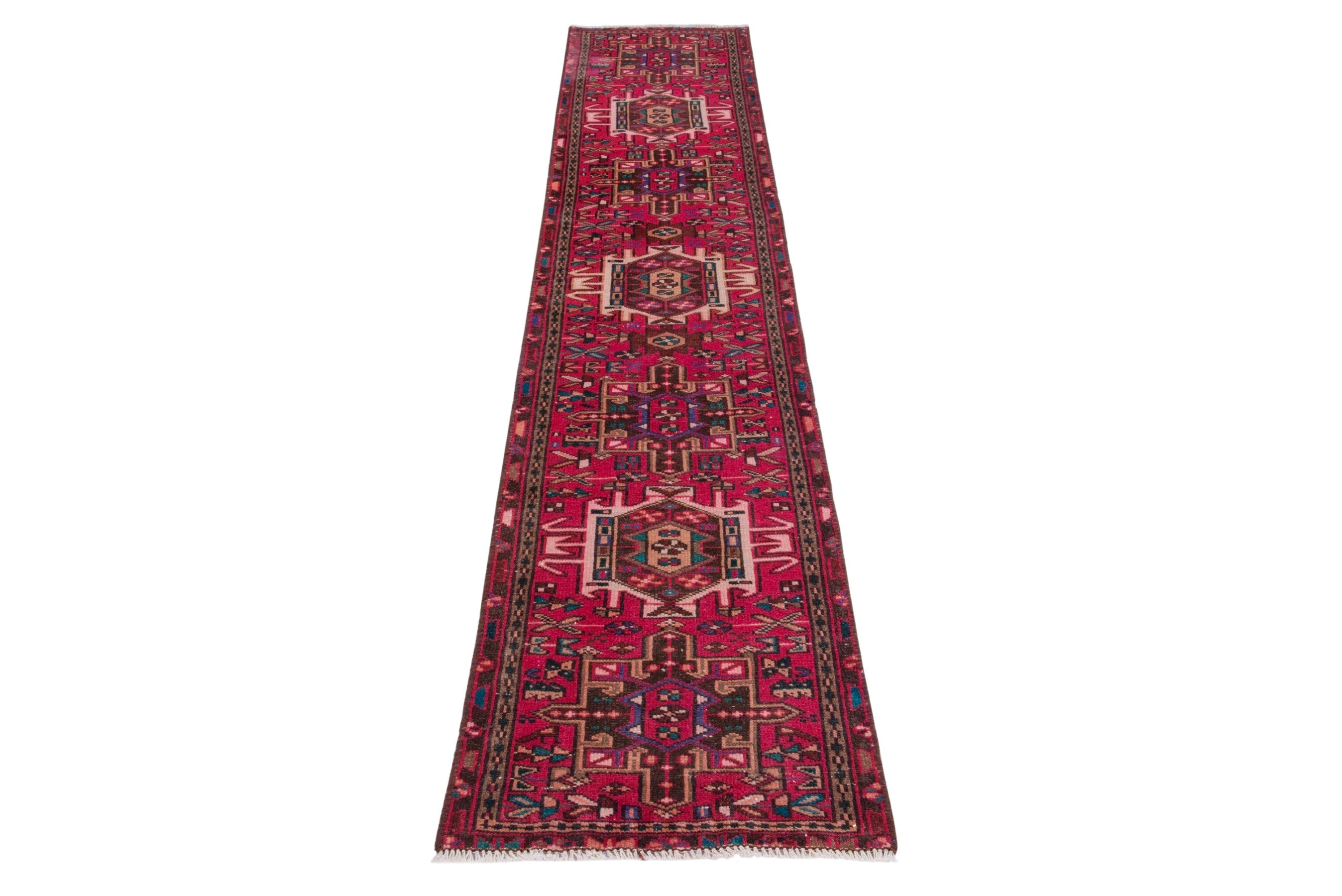 Persian Gharajeh runner rug in deep red and off-white, view 2 of 15
