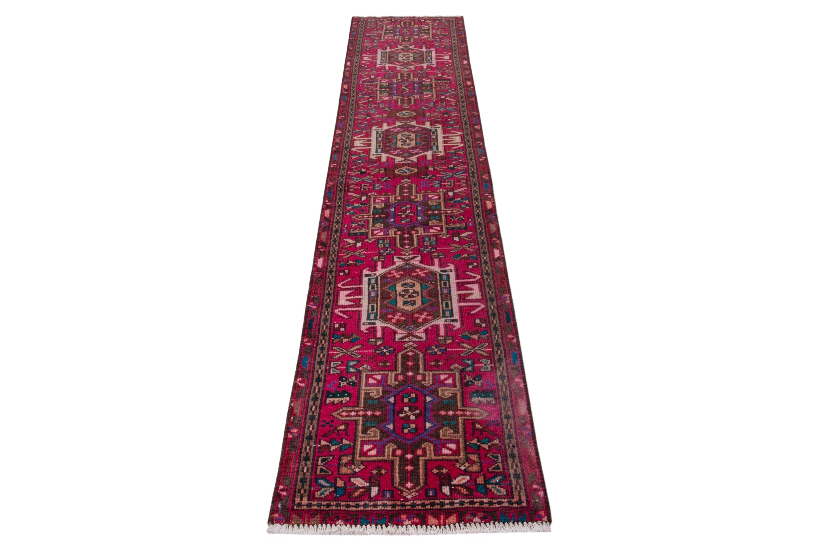 Persian Gharajeh runner rug in deep red and off-white, view 3 of 15