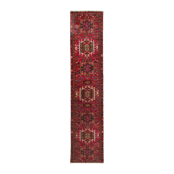 Persian Gharajeh runner rug in deep red and off-white, 1'10" x 8'8"