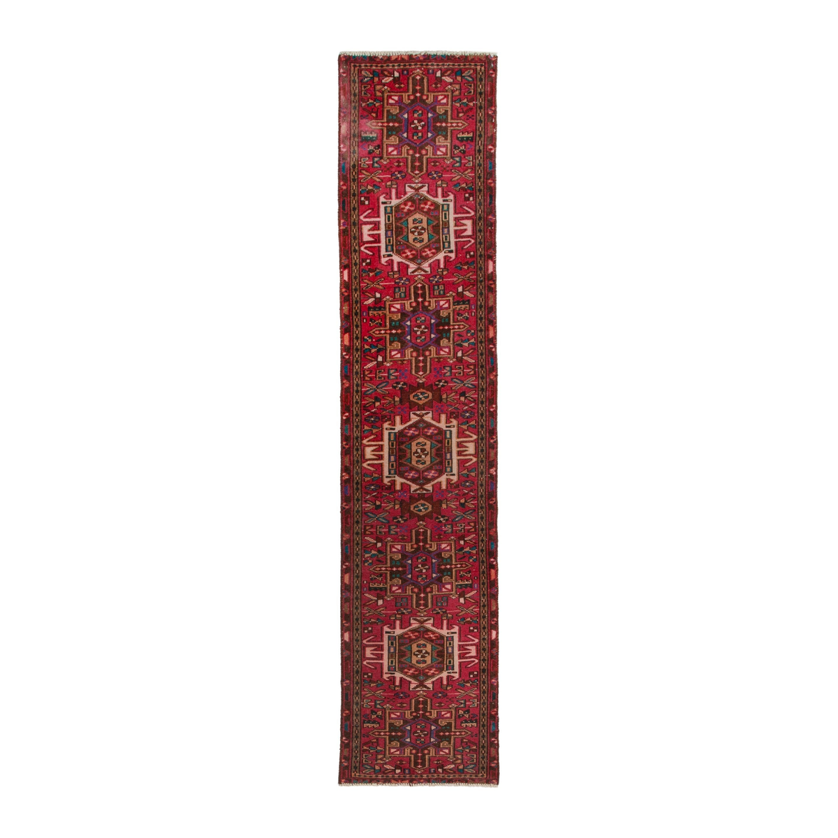 Persian Gharajeh runner rug in deep red and off-white, 1'10" x 8'8"