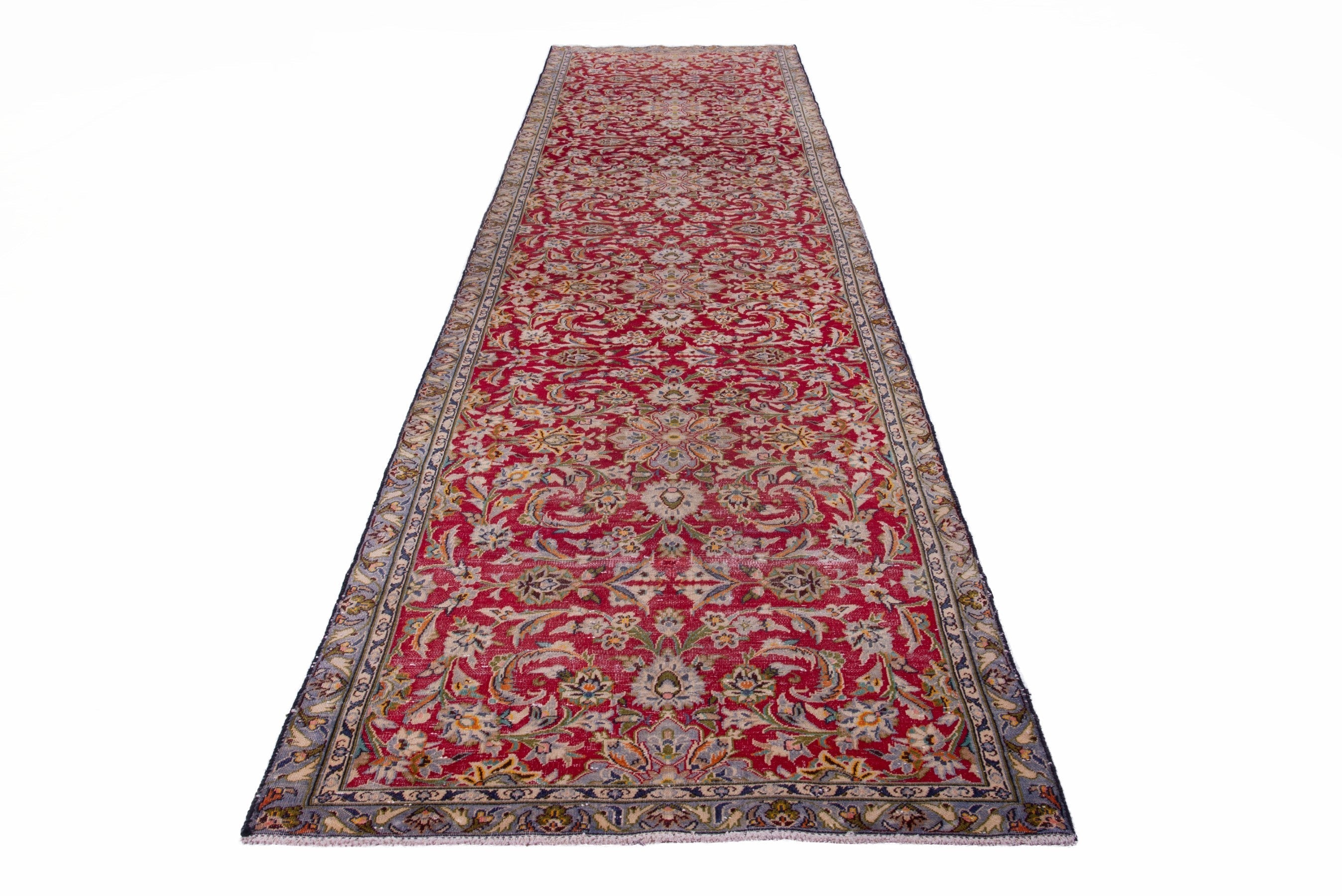Persian Kashan runner rug in deep red and sage, view 2 of 19