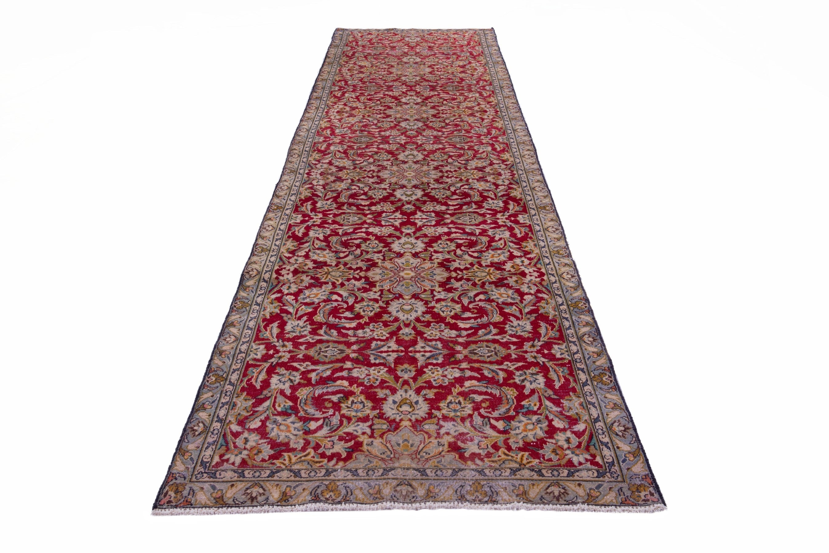 Persian Kashan runner rug in deep red and sage, view 3 of 19