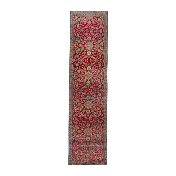 Persian Kashan runner rug in deep red and sage, 3'7" x 15'1"
