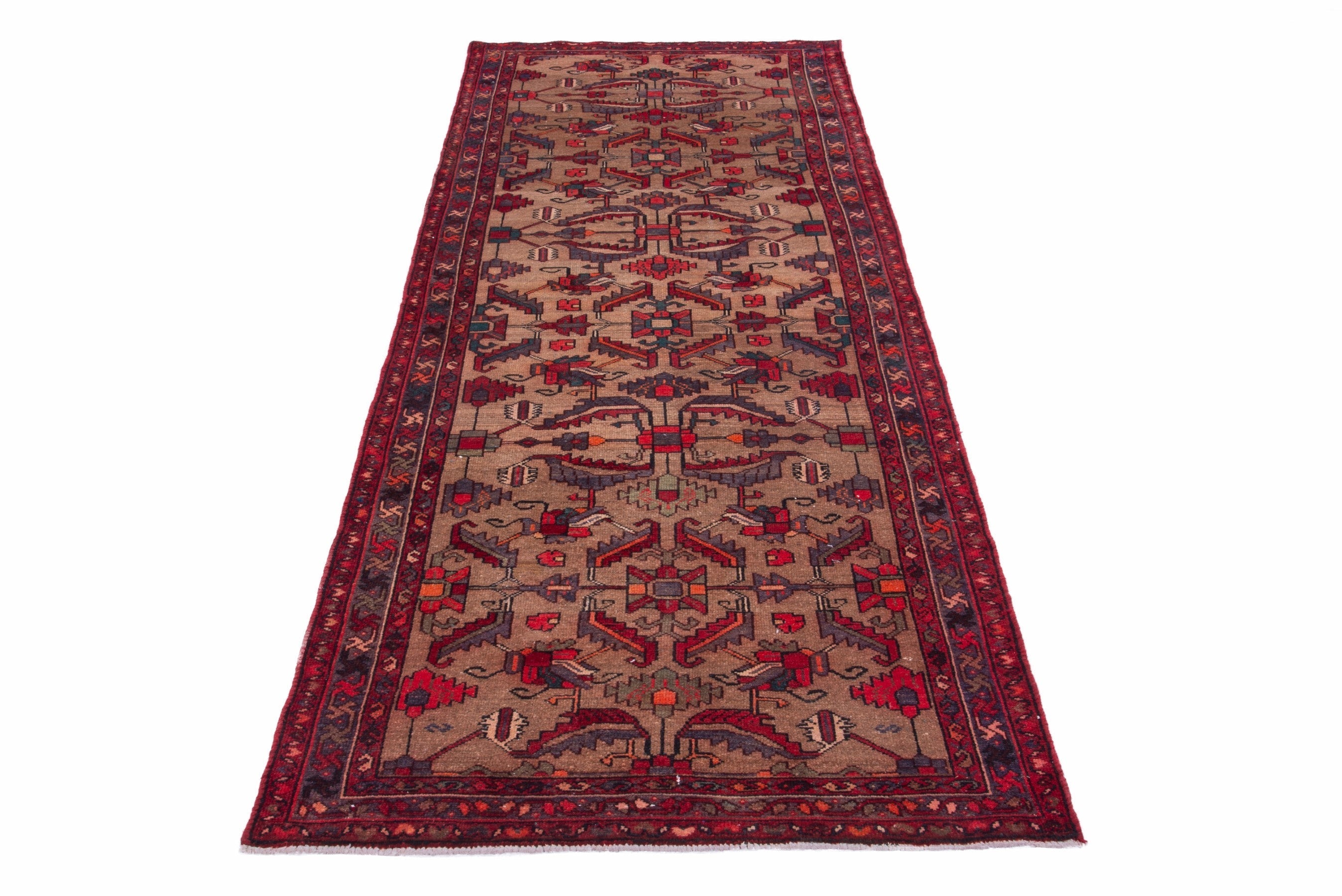 Persian Hamedan runner rug in tan and deep red, view 2 of 18
