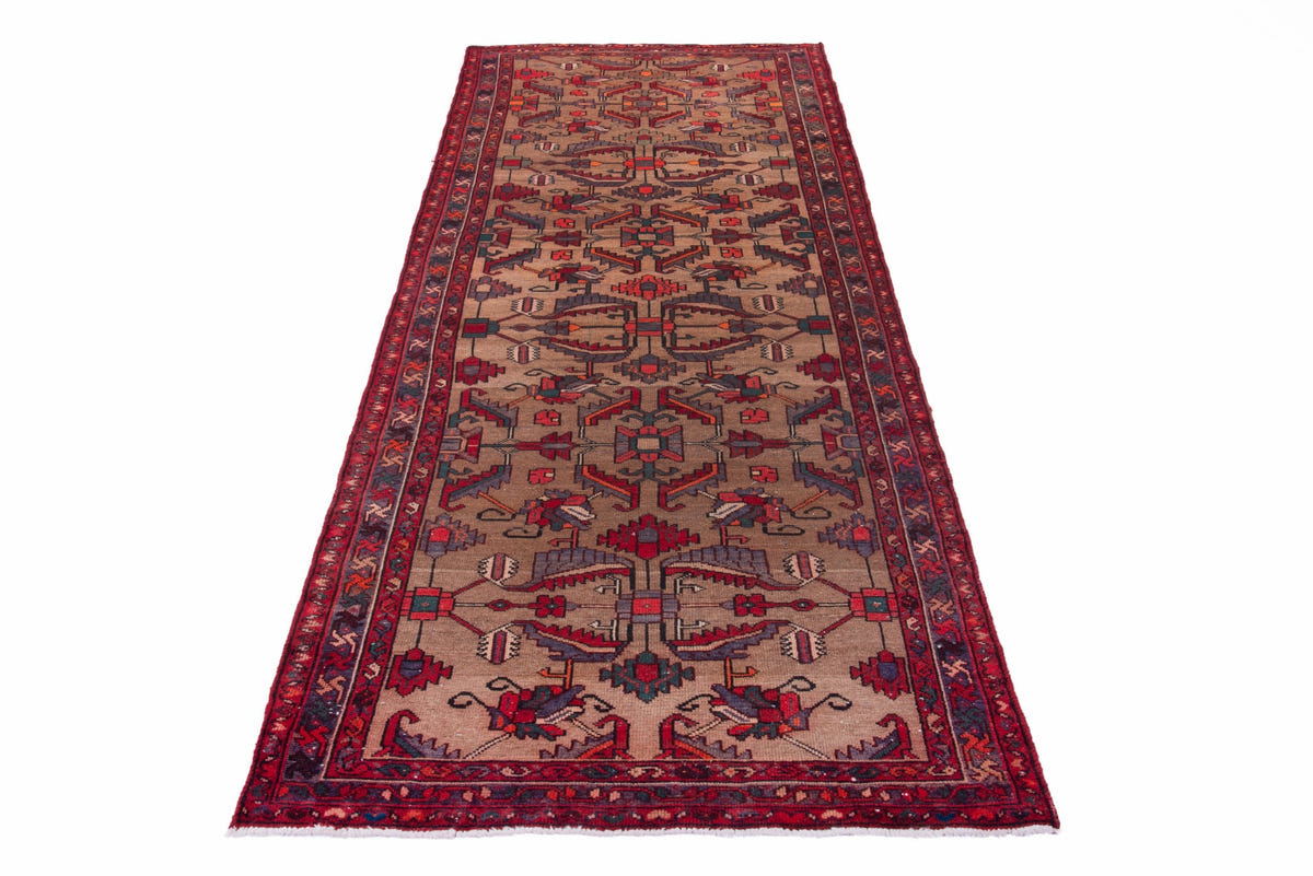 Turkish Anatolian runner rug in tan and deep red, view 13 of 19