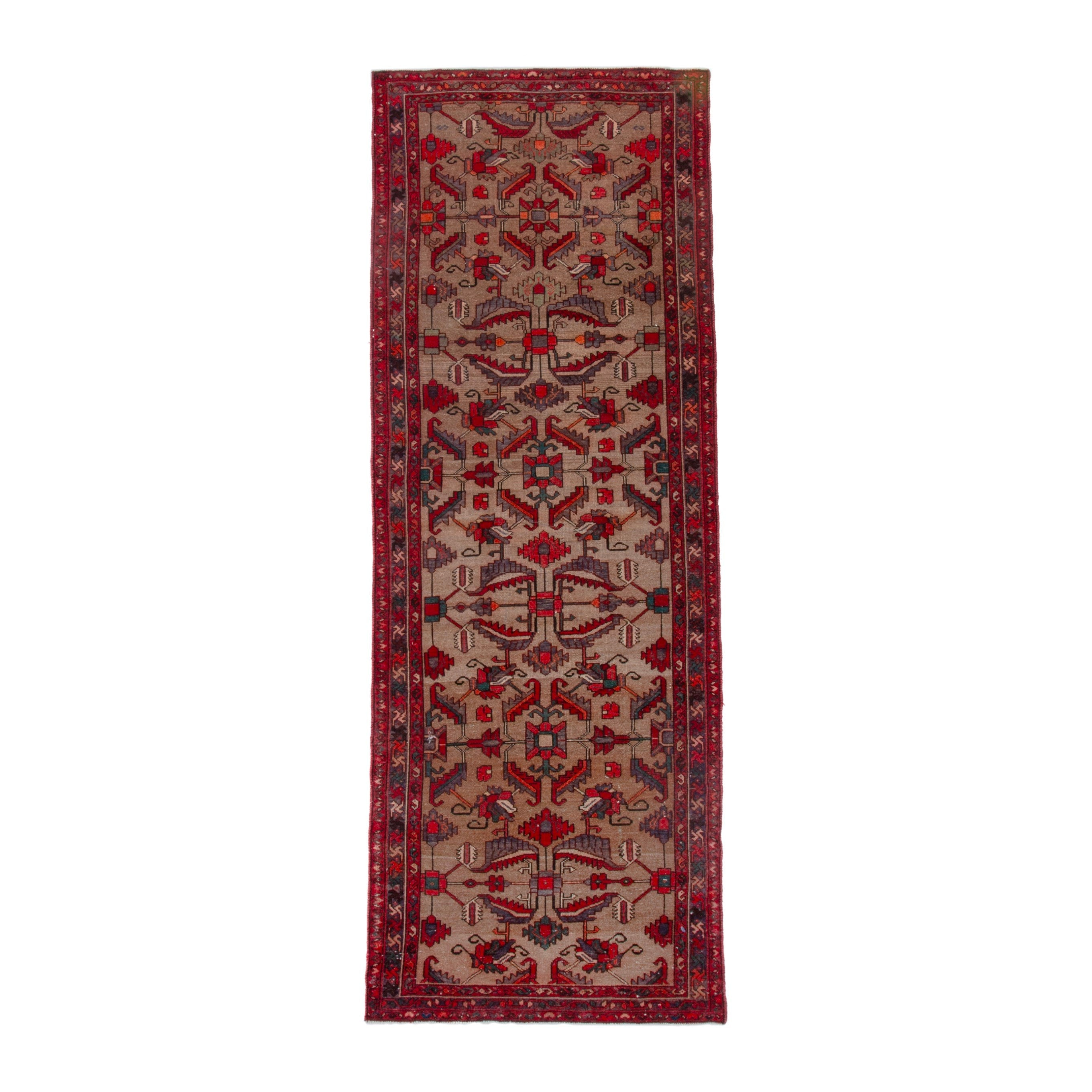 Persian Hamedan runner rug in tan and deep red, 3'3" x 9'9"
