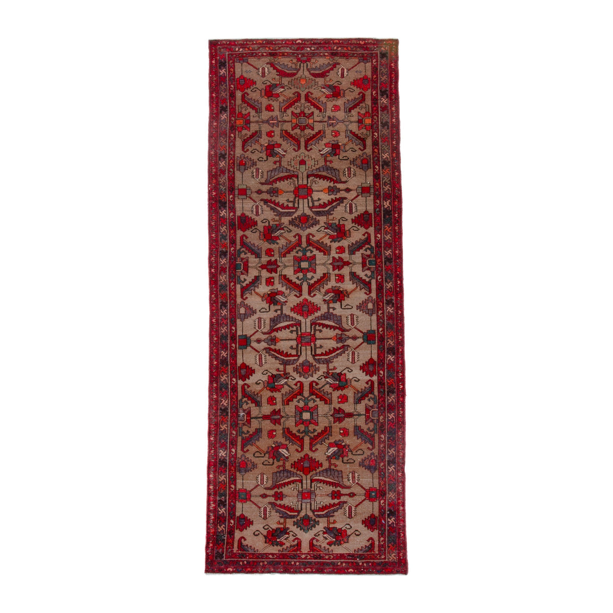Persian Hamedan runner rug in tan and deep red, 3'3" x 9'9"
