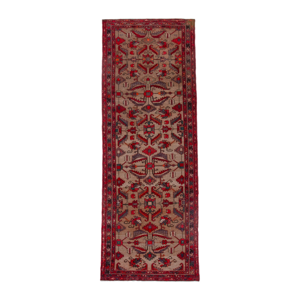 Turkish Anatolian runner rug in tan and deep red, 3'3" x 9'9"