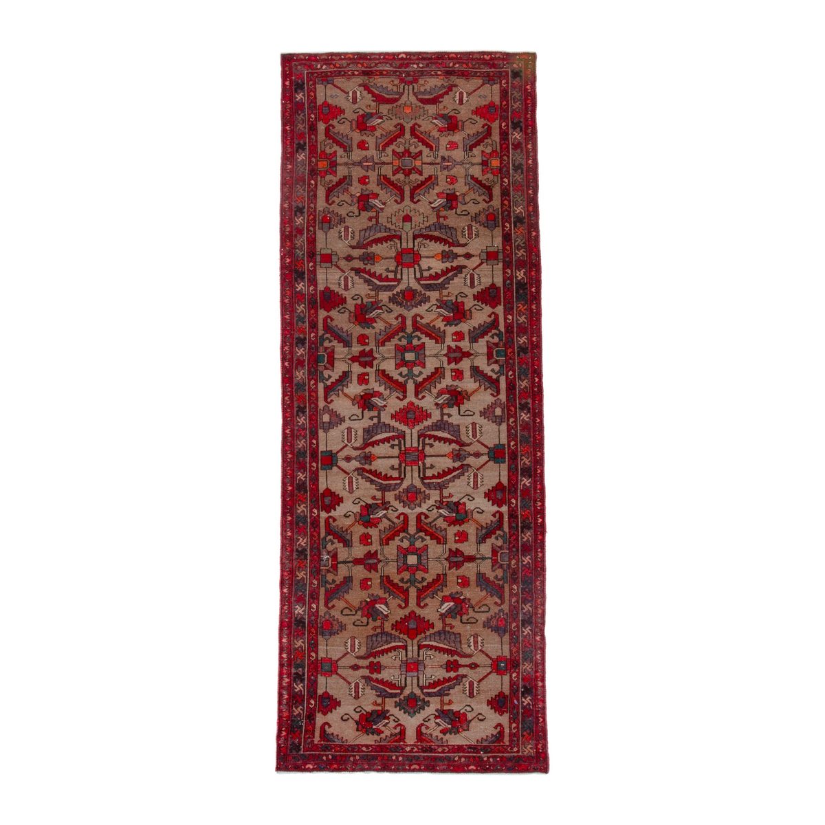 Turkish Anatolian runner rug in tan and deep red, 3'3" x 9'9"