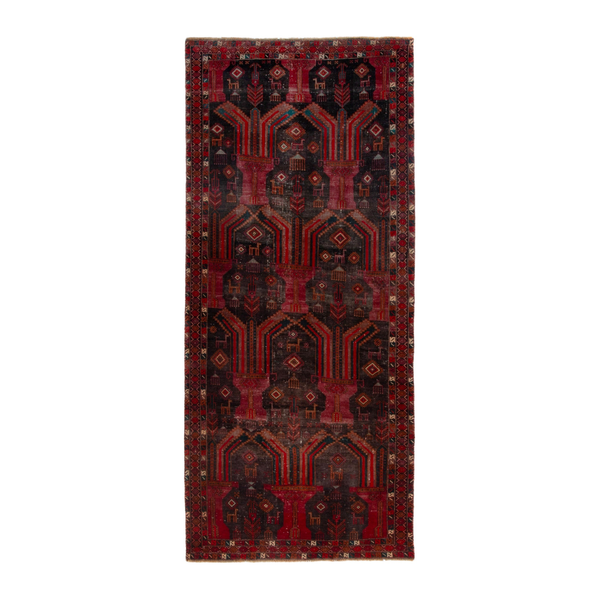 Persian Baluch runner rug in deep red and dark blue, 4'3" x 9'9"