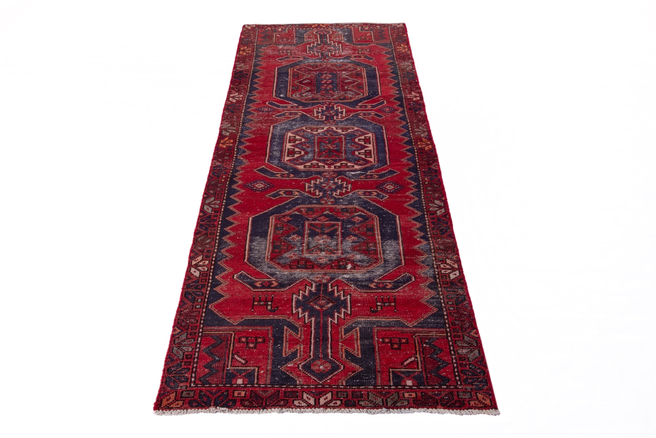 Persian Zanjan runner rug in deep red and faded red, view 2 of 19