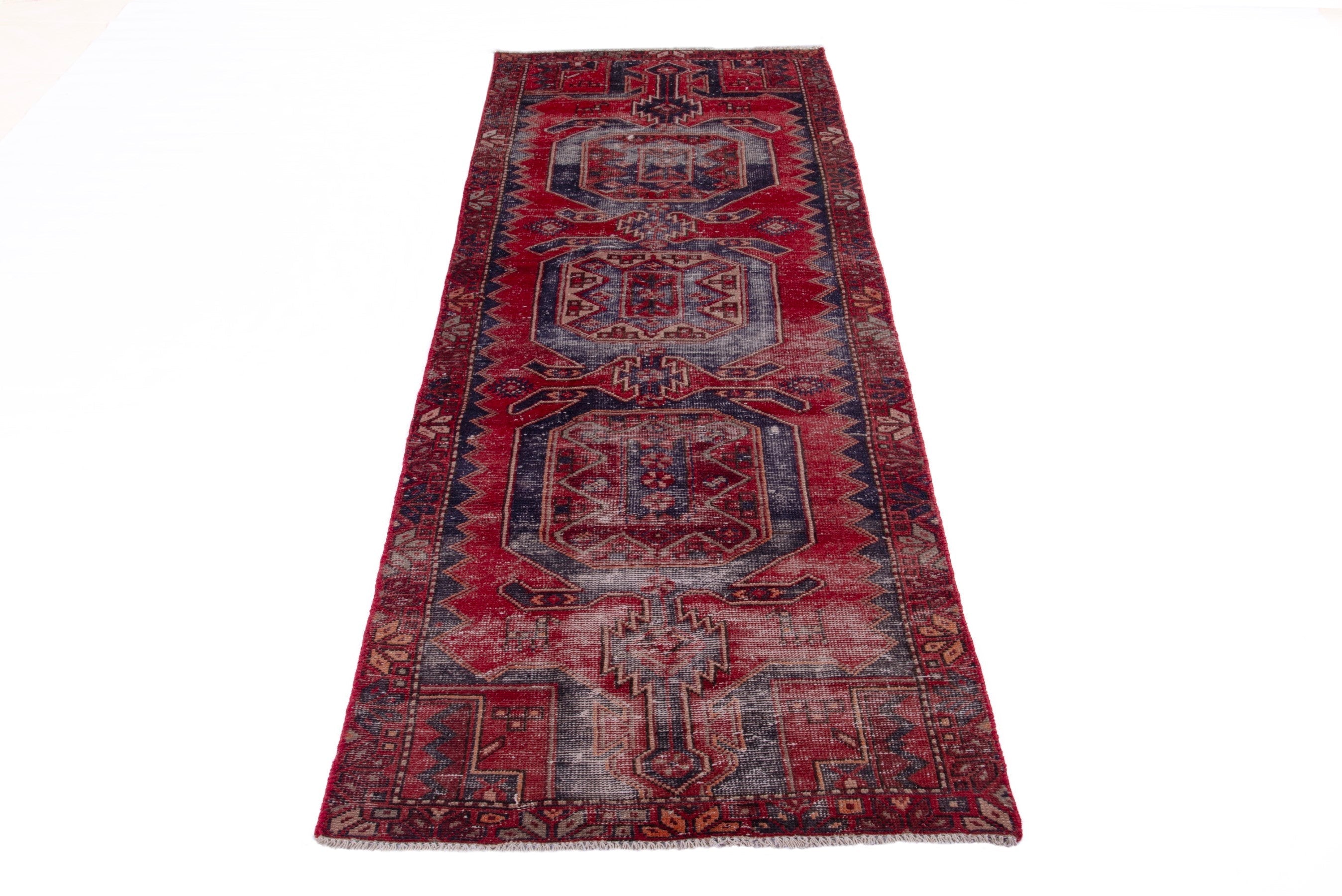 Persian Zanjan runner rug in deep red and faded red, view 3 of 19