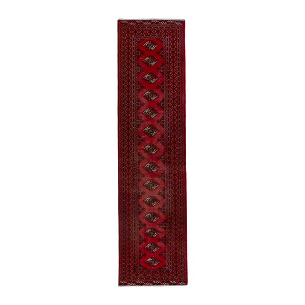 Persian Torkaman runner rug in deep red and cream, 3'1" x 13'