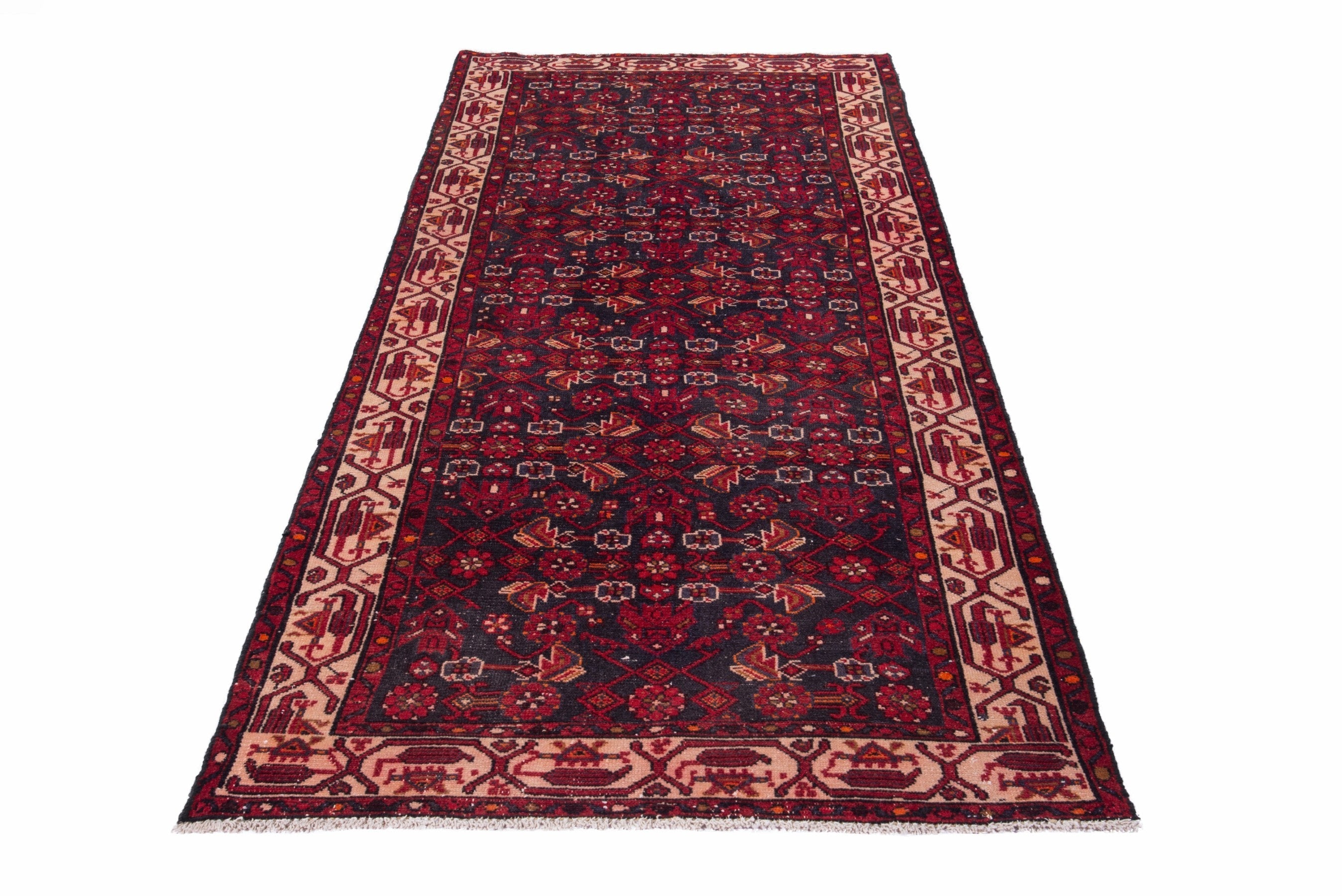 Persian Hamedan runner rug in deep red and muted pink, view 2 of 18