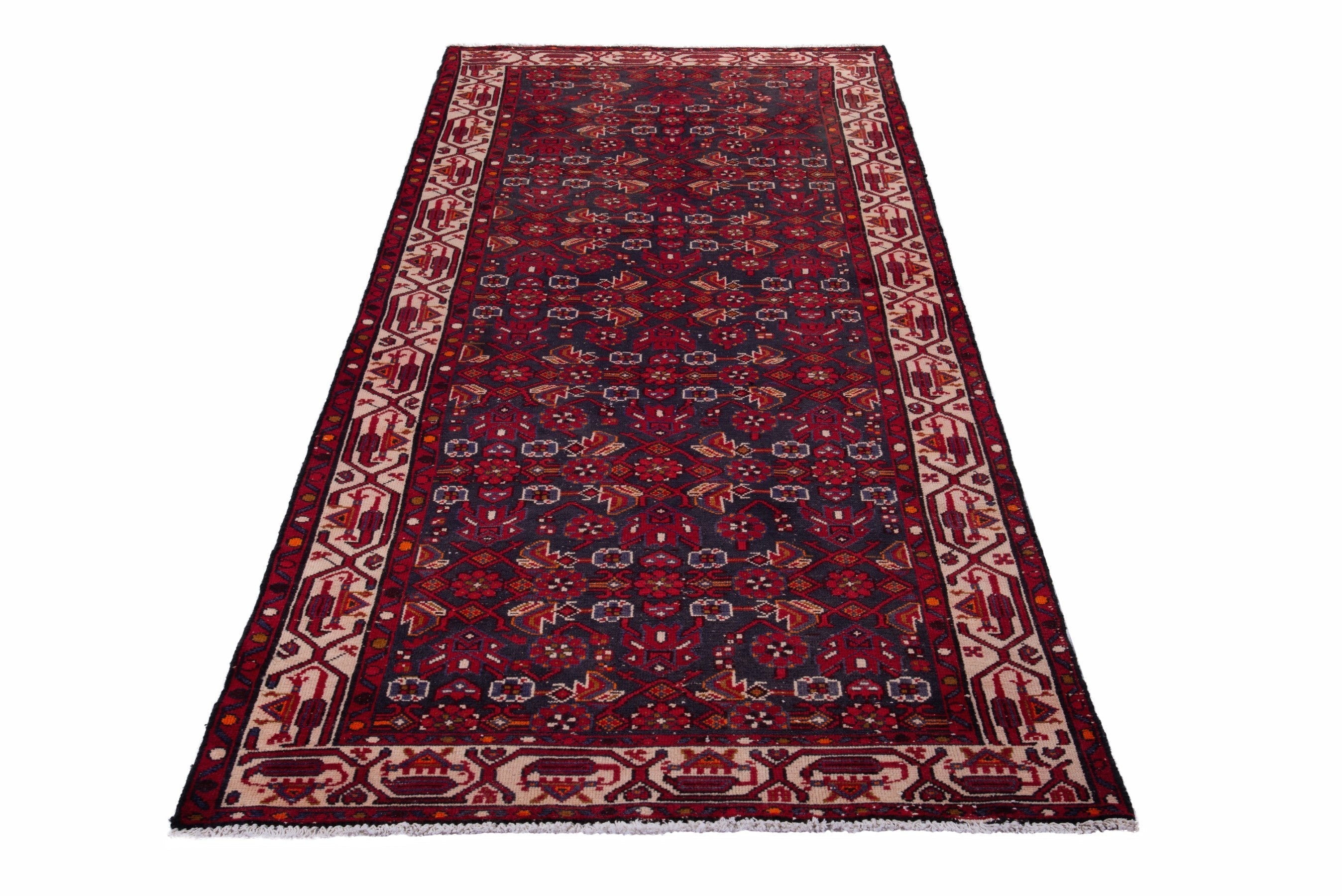 Persian Hamedan runner rug in deep red and muted pink, view 3 of 18