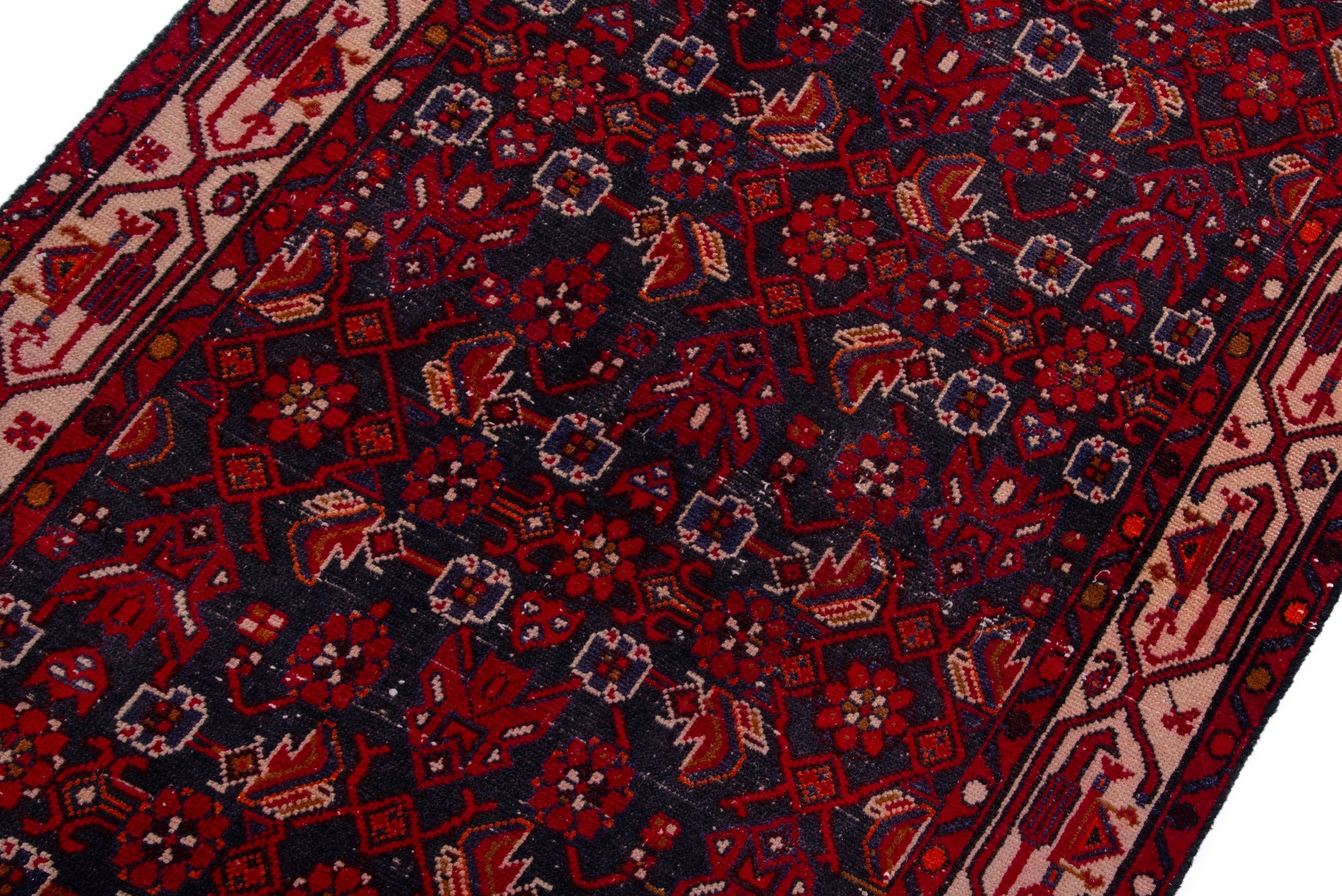 Persian Hamedan runner rug in deep red and muted pink, view 6 of 18