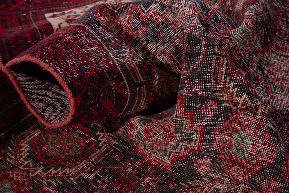Persian Baluch accent rug in dark brown and deep red, view 14 of 17