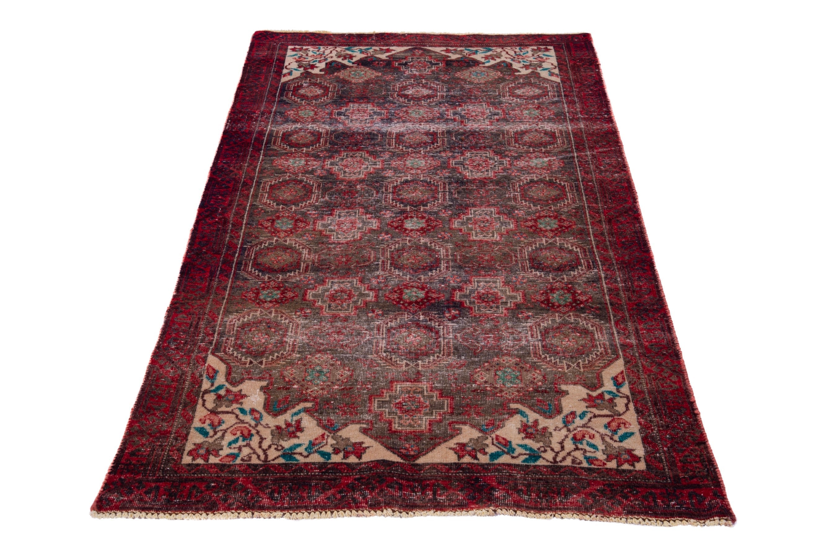 Persian Baluch accent rug in dark brown and deep red, view 2 of 16
