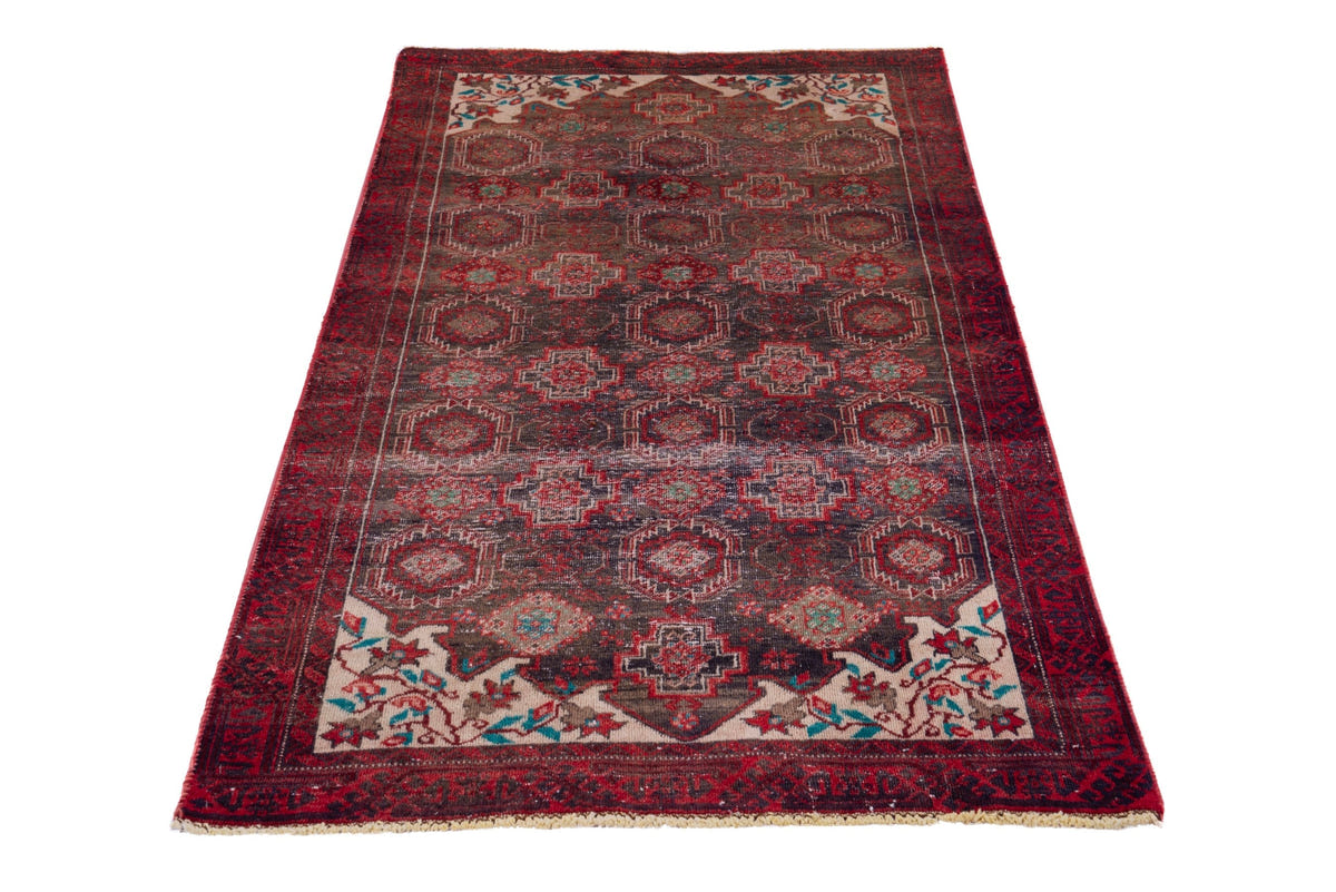Persian Baluch accent rug in dark brown and deep red, view 4 of 17