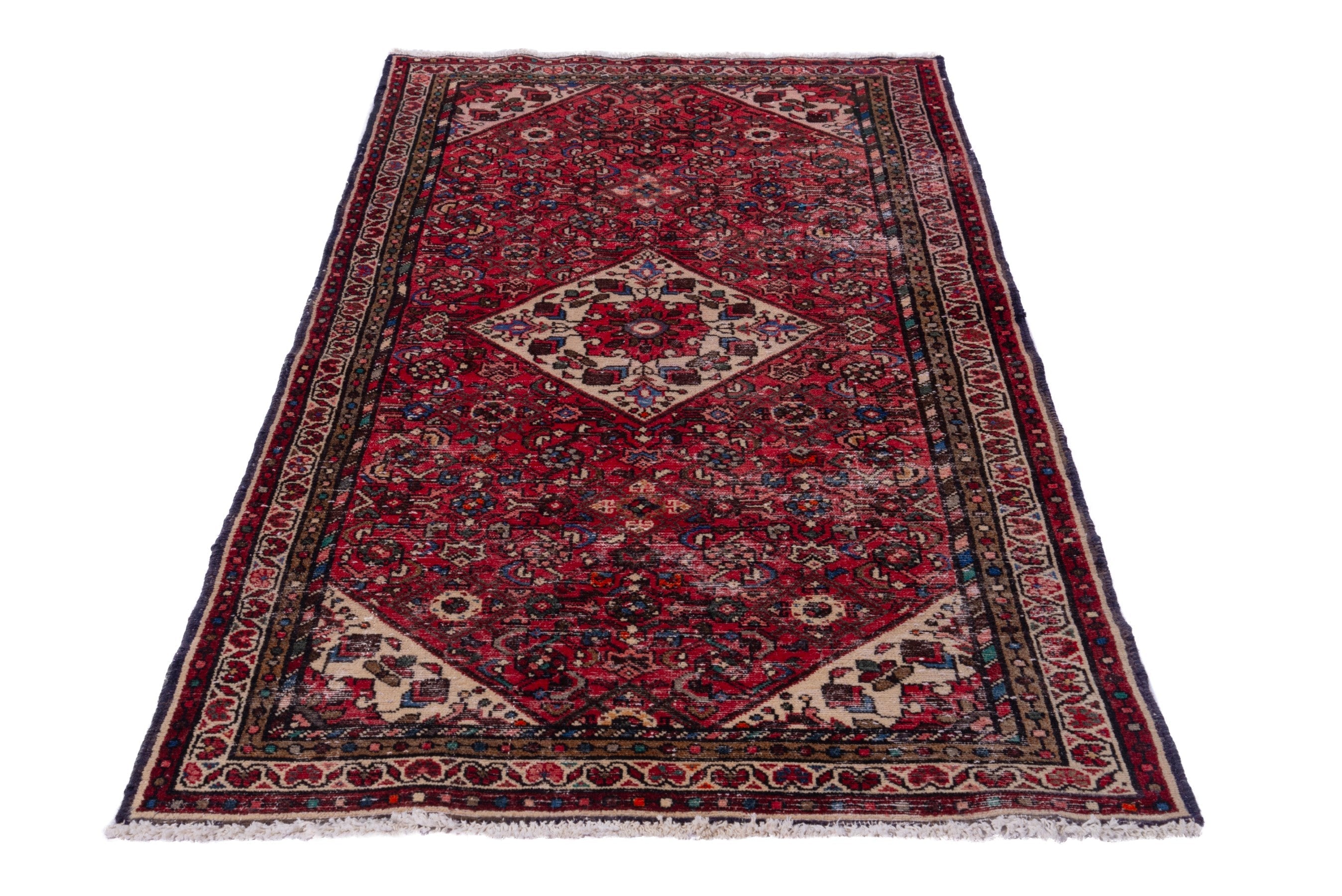 Persian Hamedan runner rug in deep red and muted pink, view 2 of 17