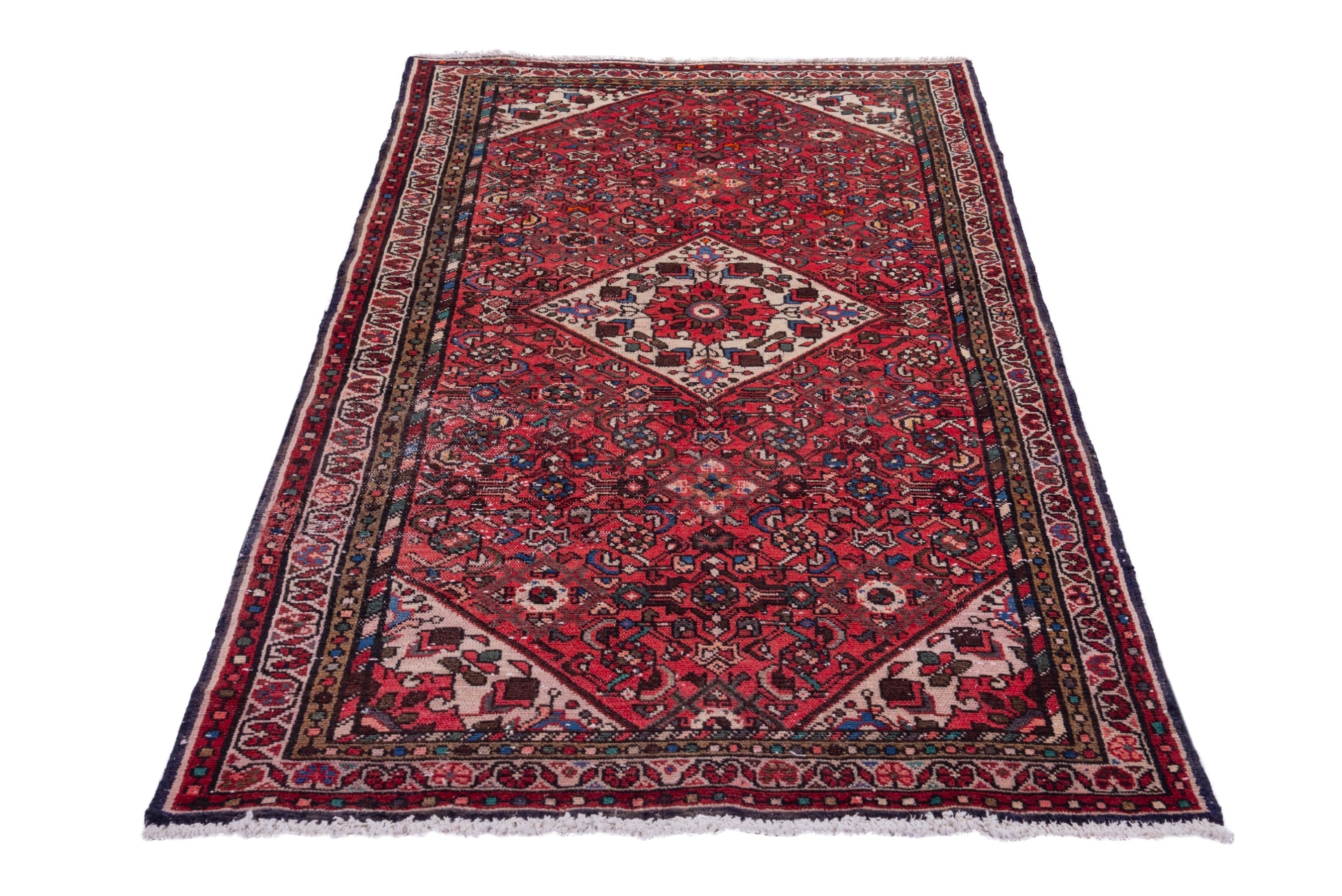 Persian Hamedan runner rug in deep red and muted pink, view 3 of 17