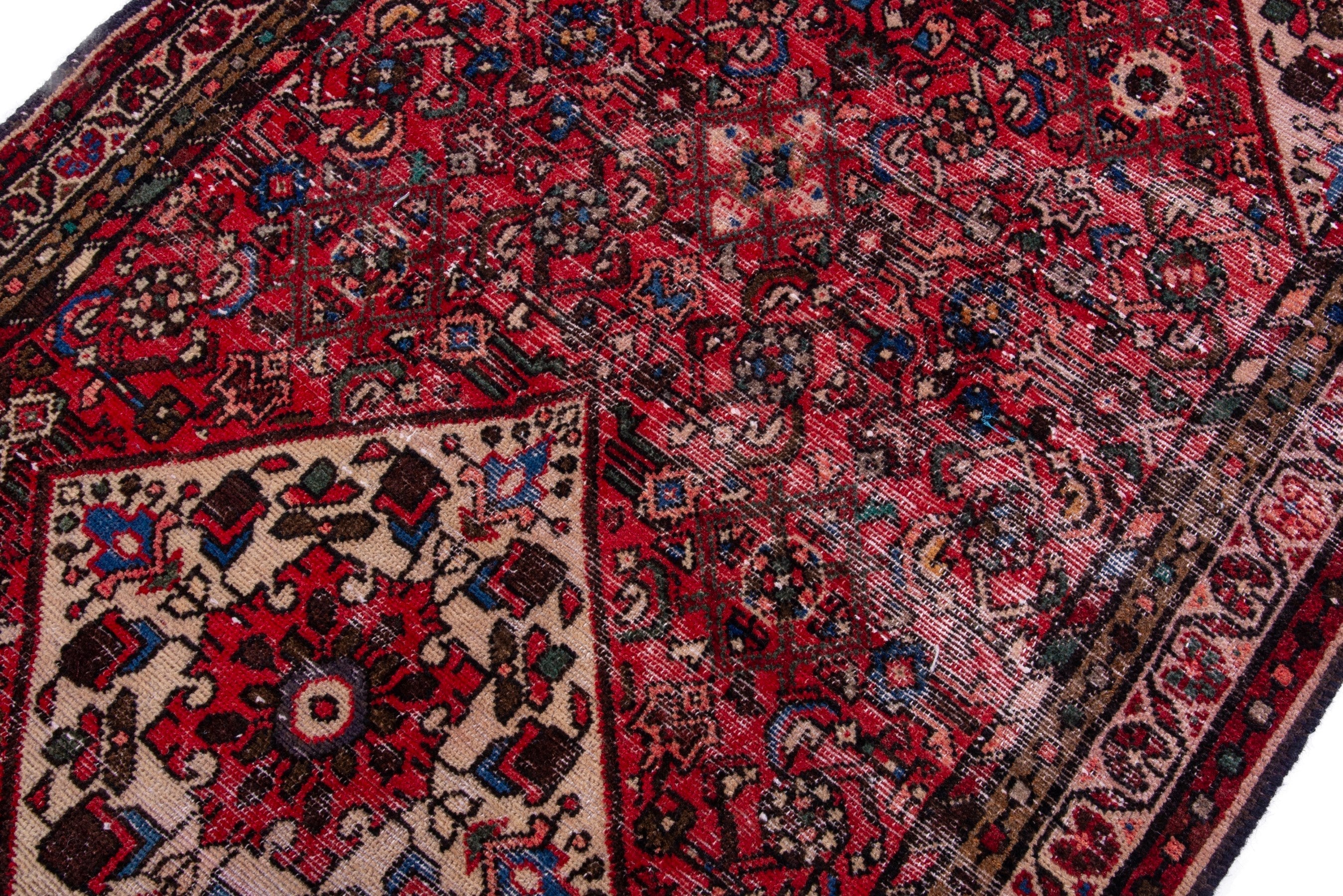 Persian Hamedan runner rug in deep red and muted pink, view 6 of 17