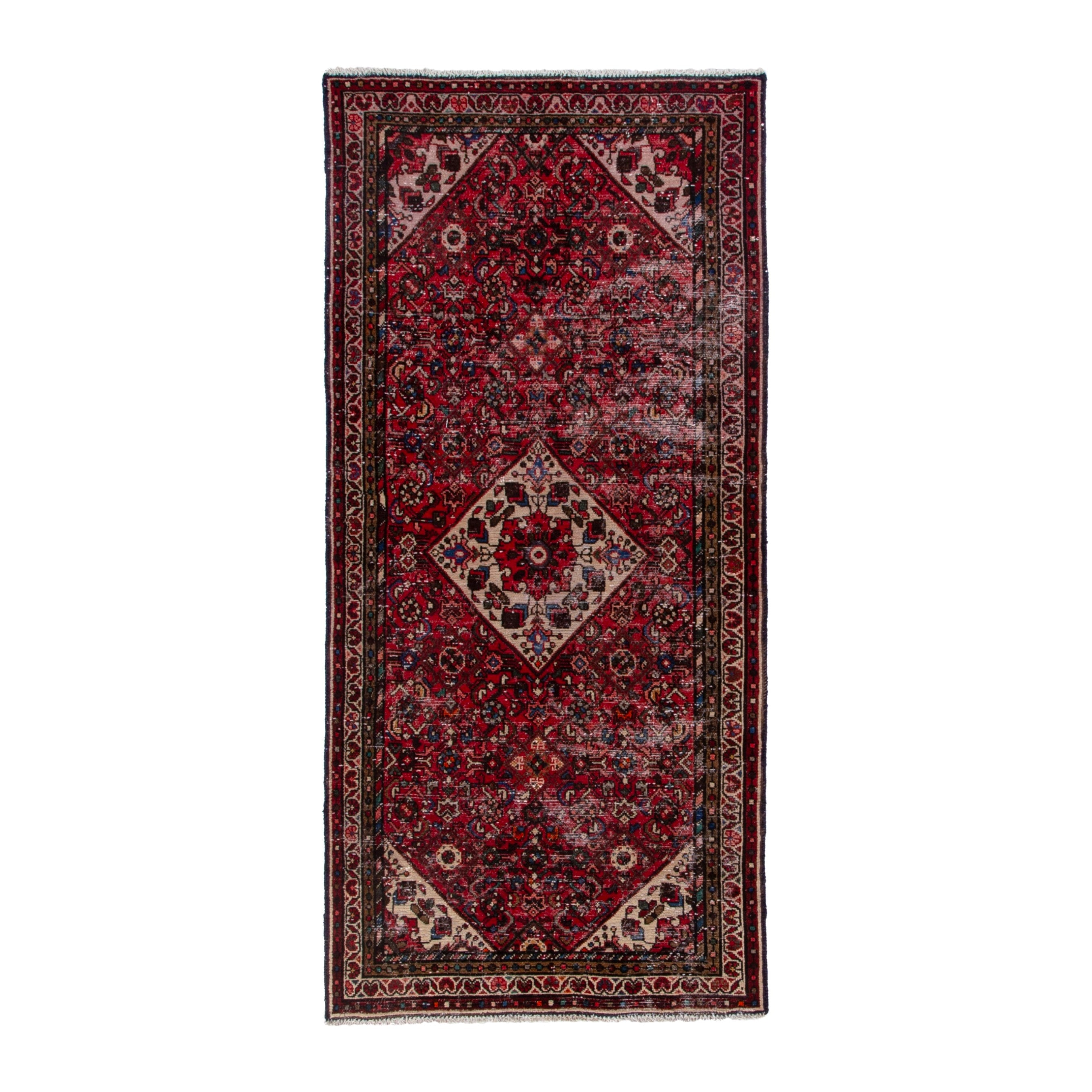 Persian Hamedan runner rug in deep red and muted pink, 3'1" x 6'11"