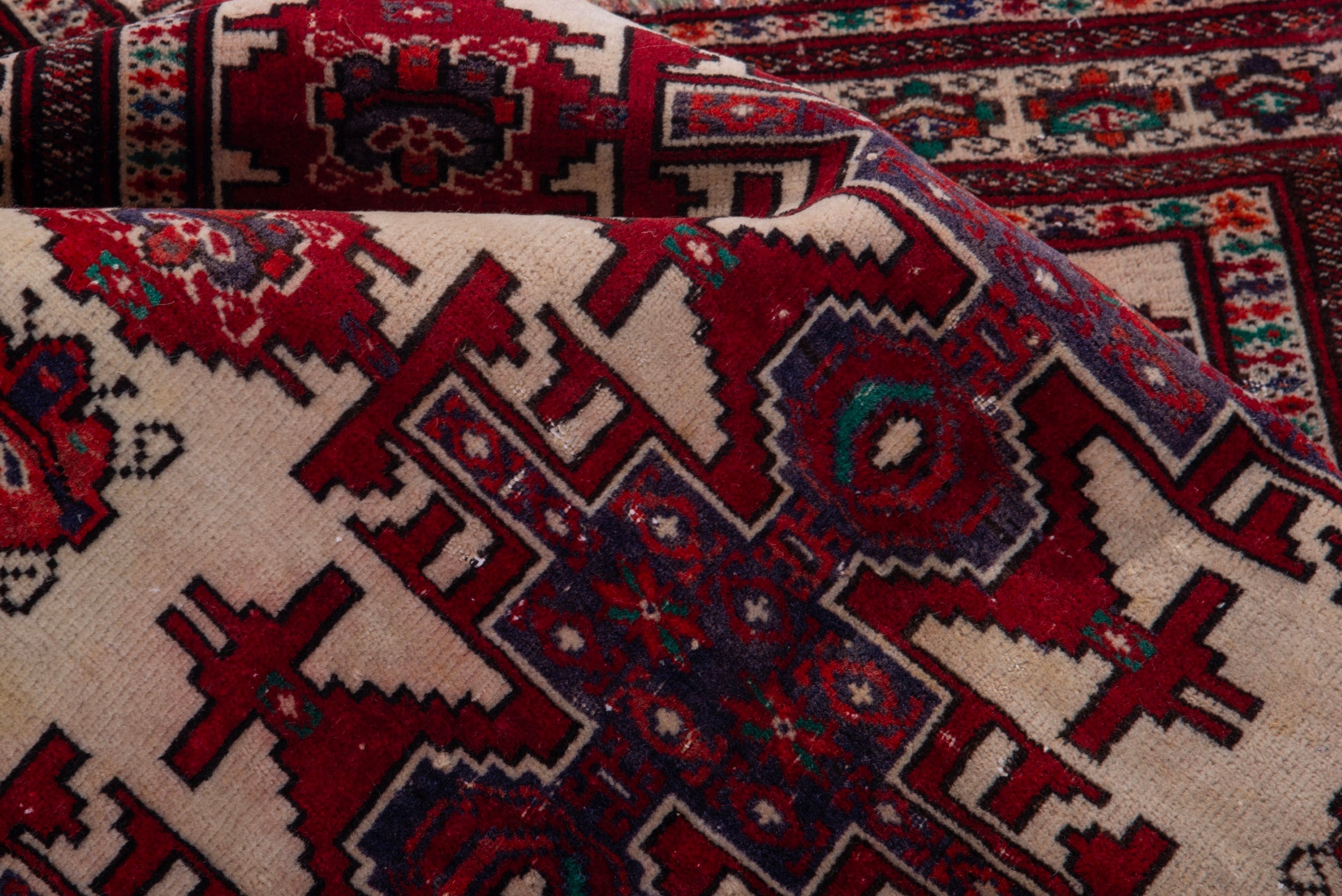 Persian Torkaman accent rug in cream and deep red, view 13 of 17