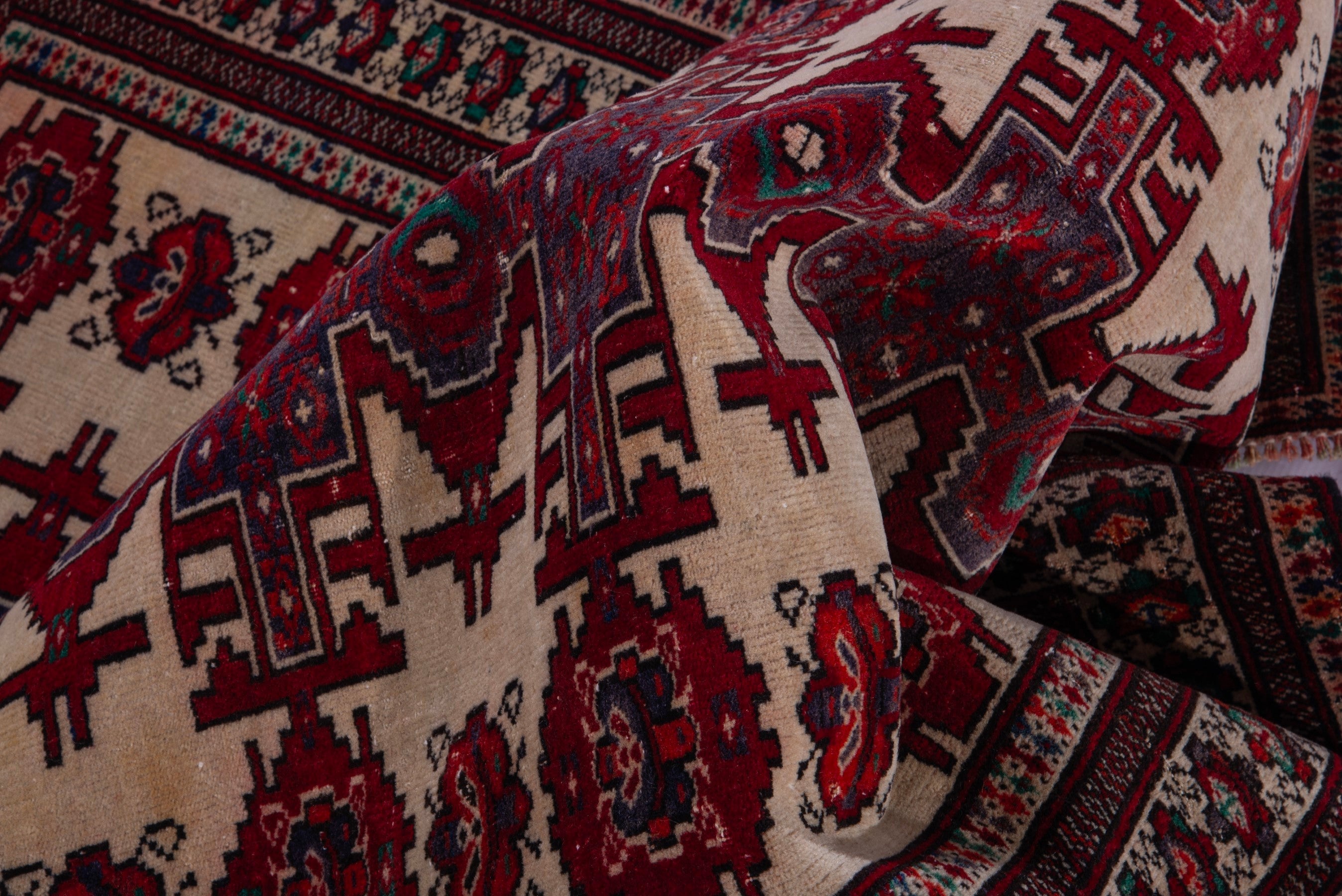 Persian Torkaman accent rug in cream and deep red, view 15 of 17