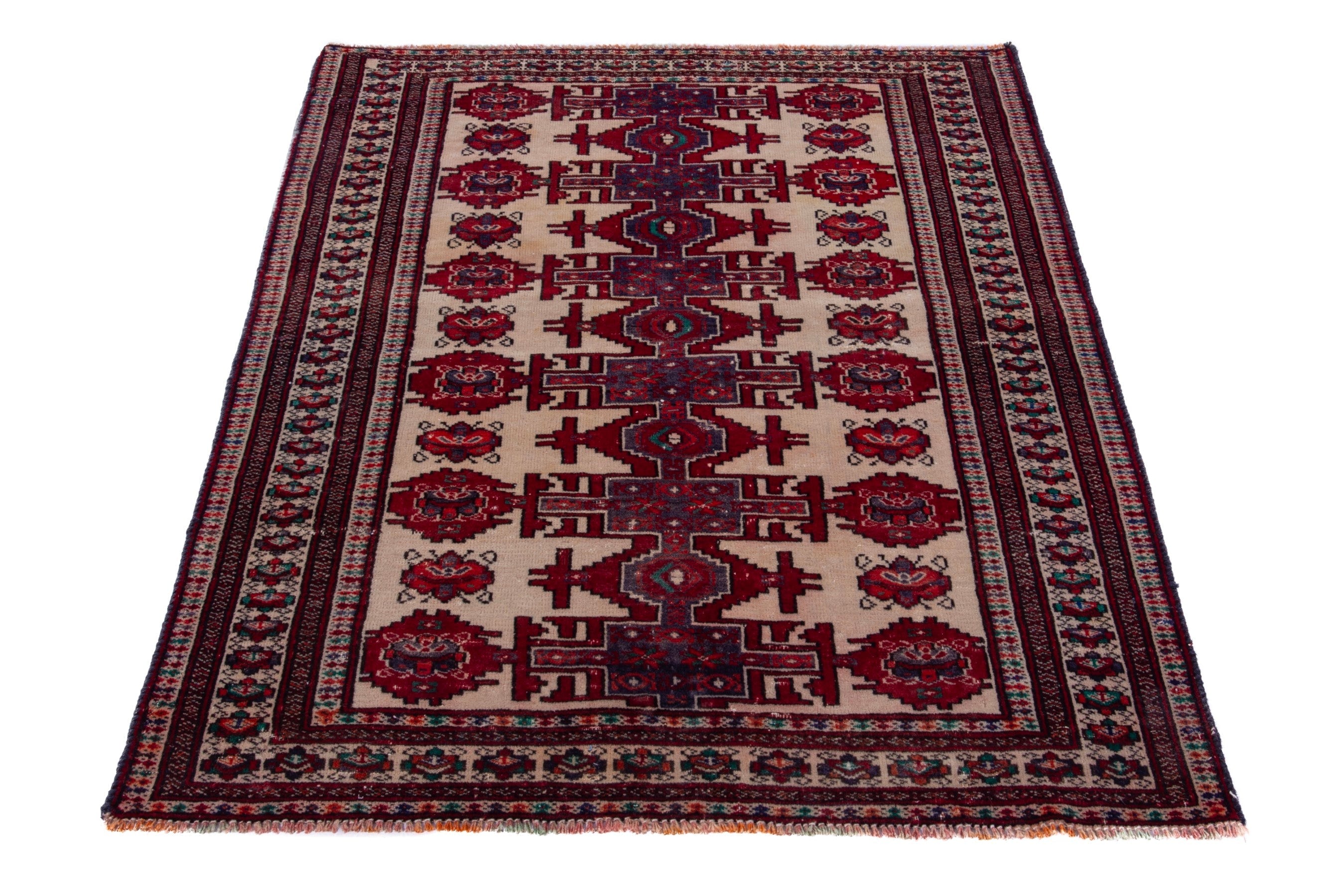Persian Torkaman accent rug in cream and deep red, view 2 of 17