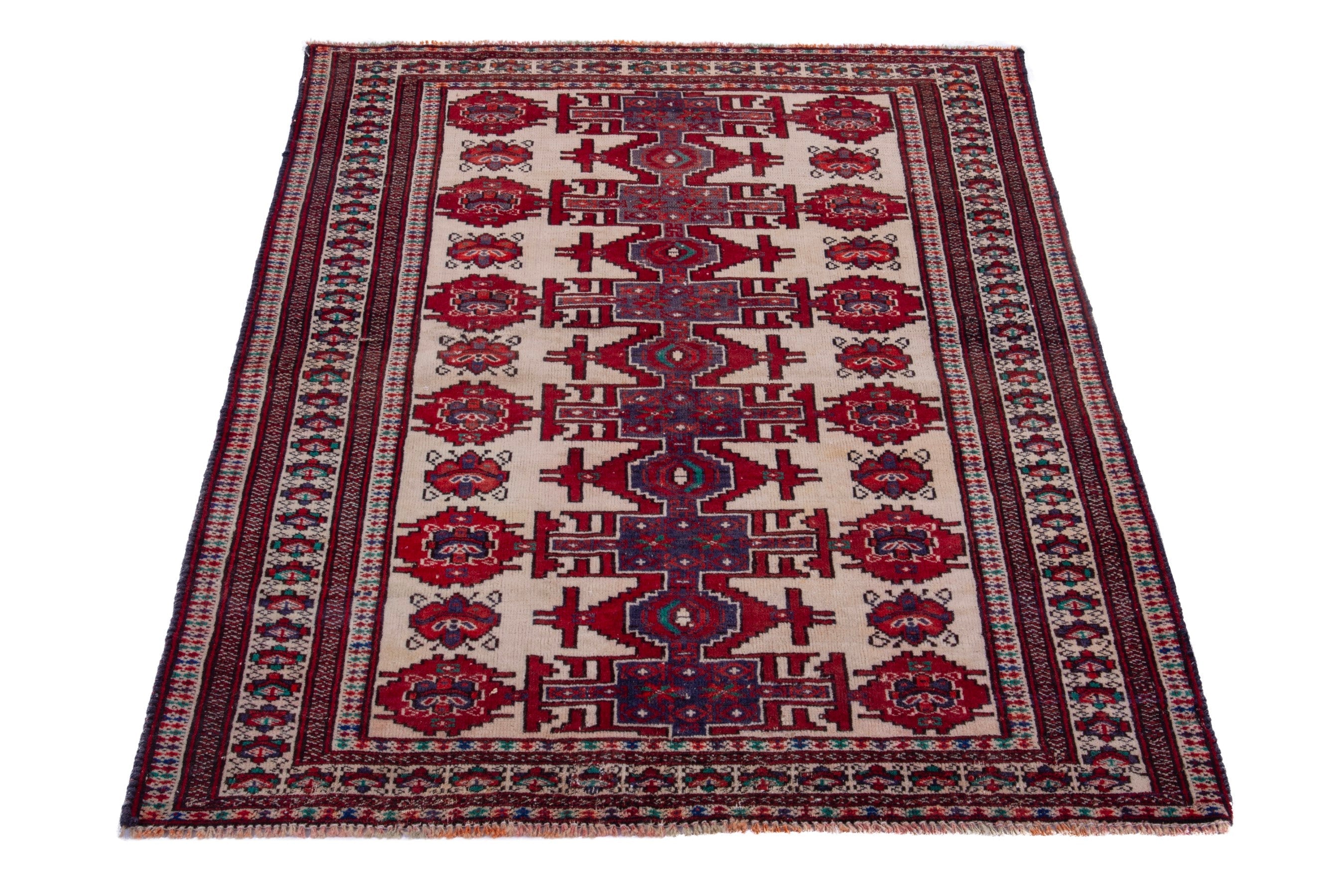 Persian Torkaman accent rug in cream and deep red, view 3 of 17
