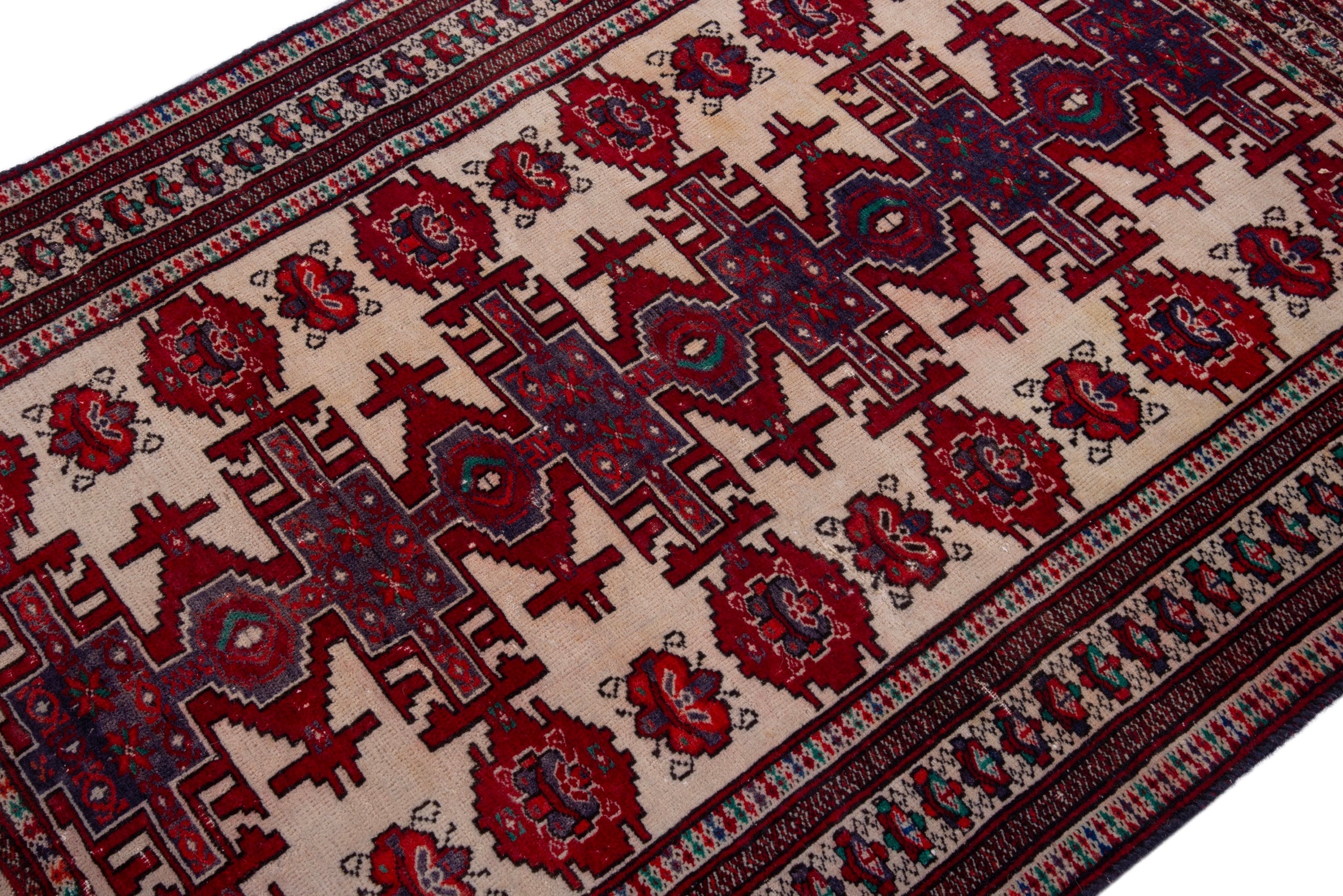 Persian Torkaman accent rug in cream and deep red, view 6 of 17