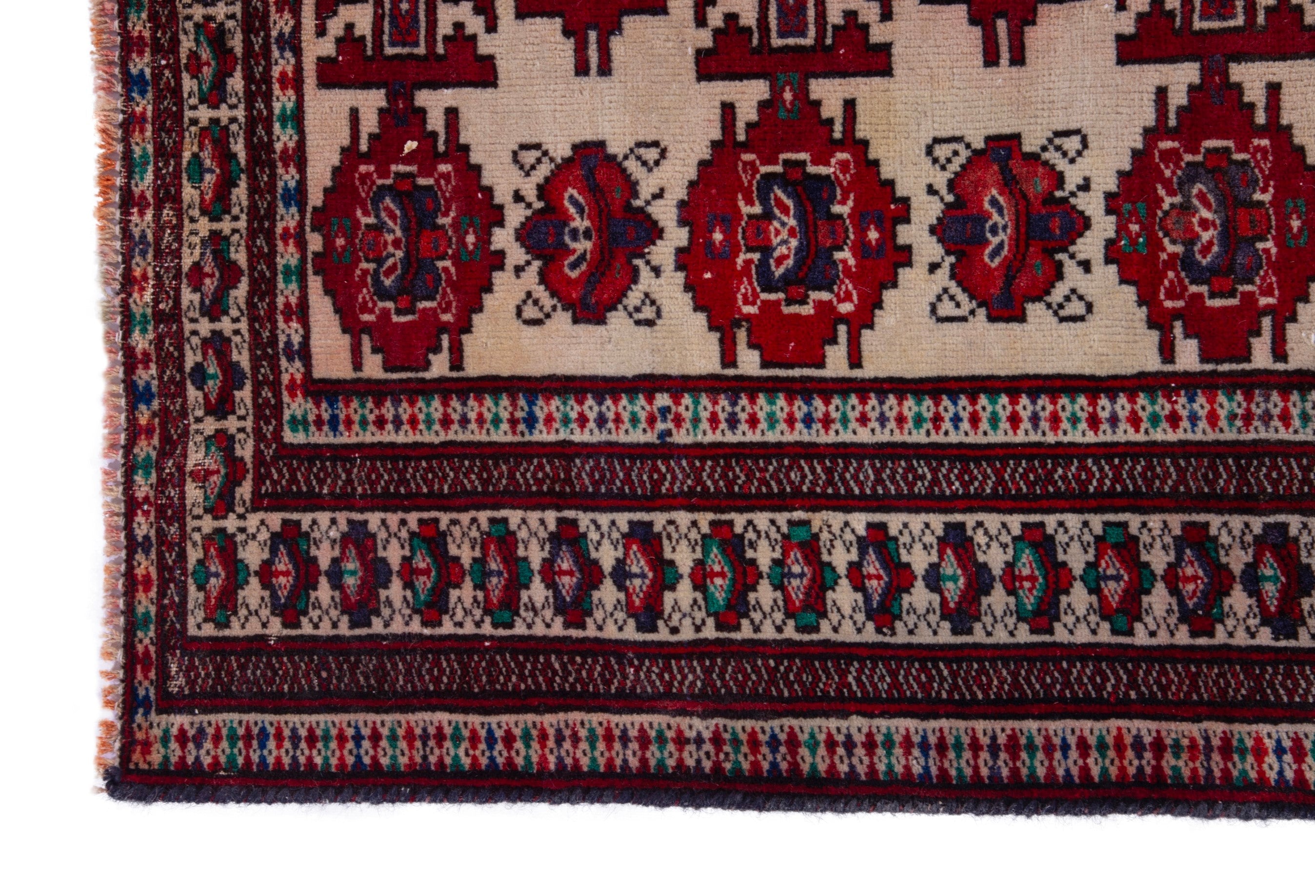 Persian Torkaman accent rug in cream and deep red, view 5 of 17
