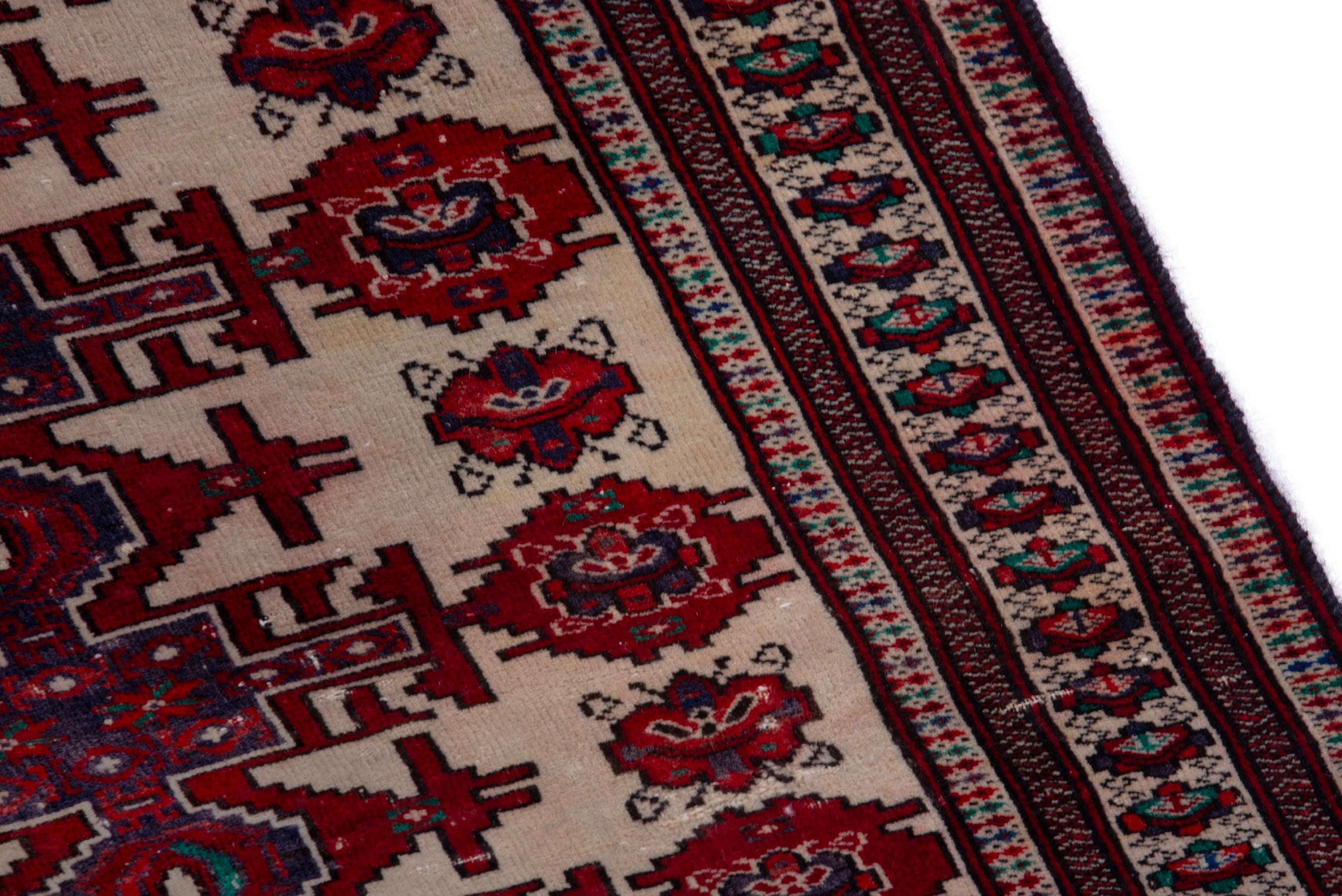 Persian Torkaman accent rug in cream and deep red, view 7 of 17