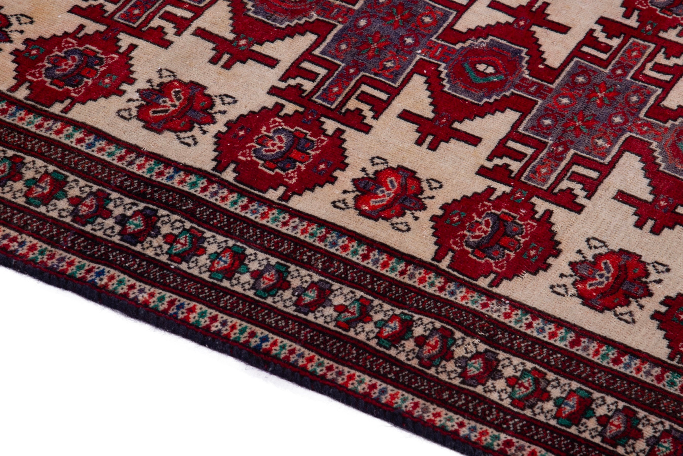 Persian Torkaman accent rug in cream and deep red, view 4 of 17