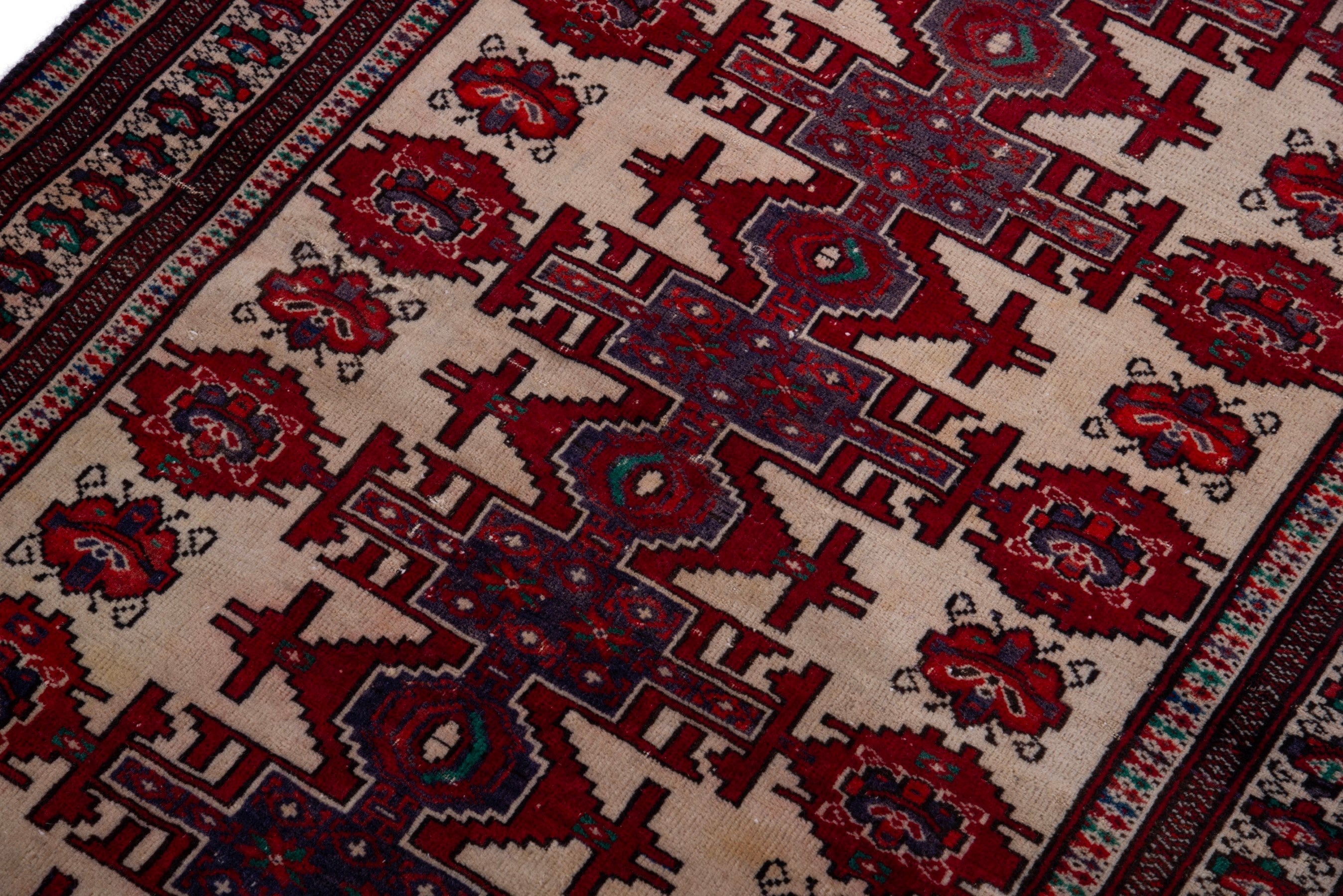 Persian Torkaman accent rug in cream and deep red, view 8 of 17