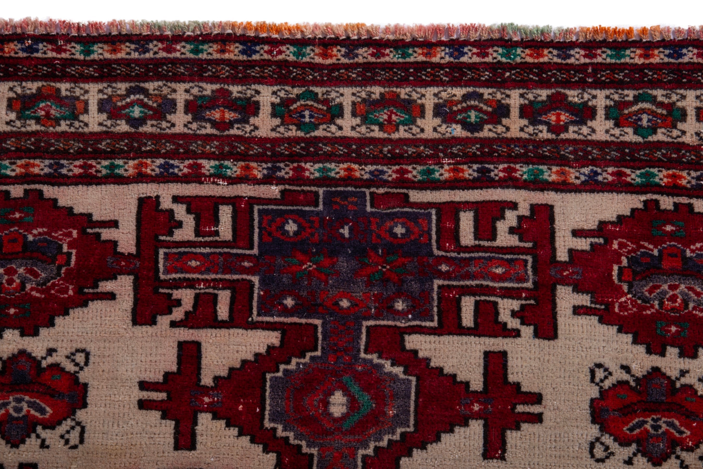 Persian Torkaman accent rug in cream and deep red, view 9 of 17